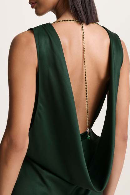 Dark Green Slashed-Neck Maxi Dress With Open-Back And Embellished Detail