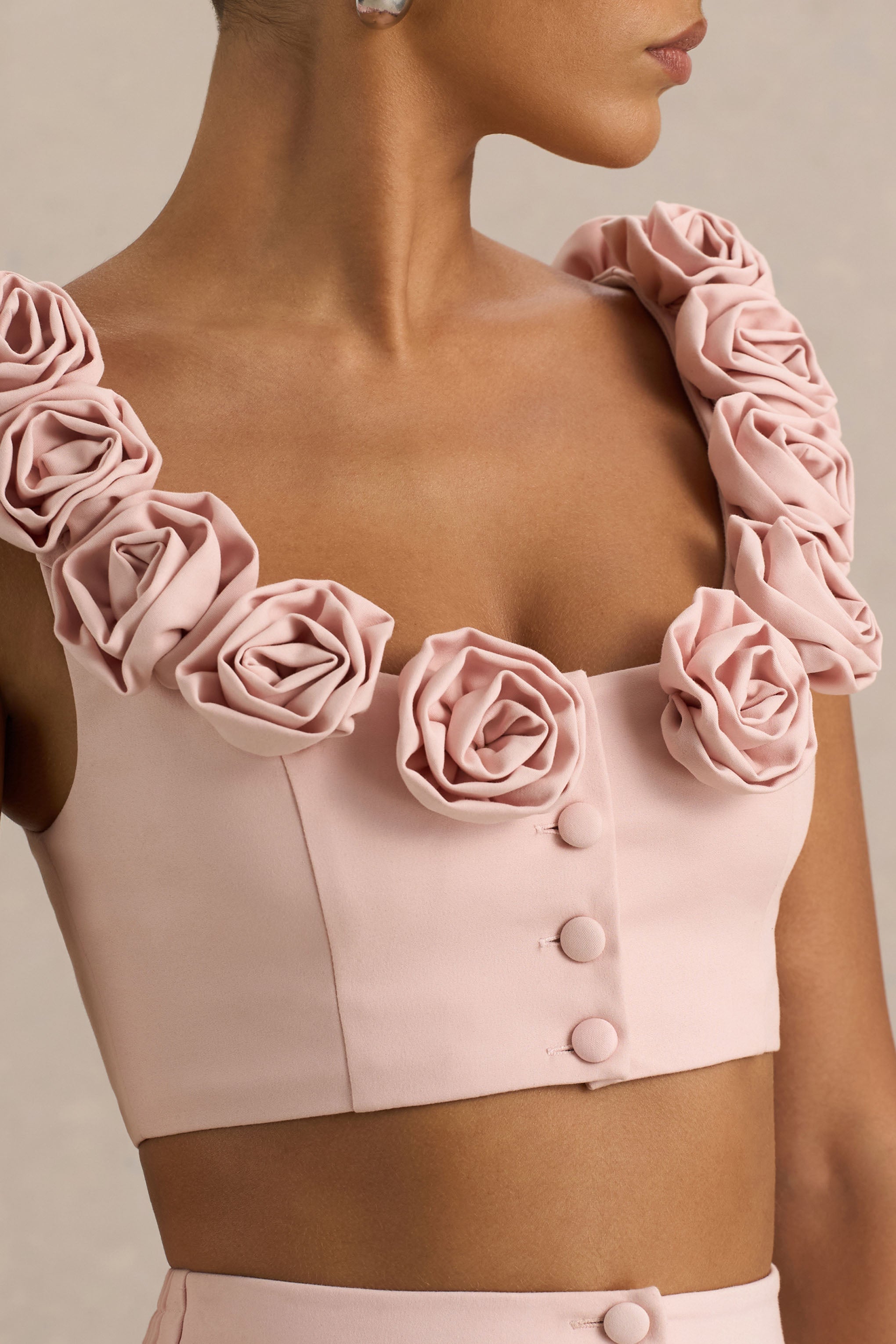 Baby Pink Scoop-Neck Crop Top With Corsage Details