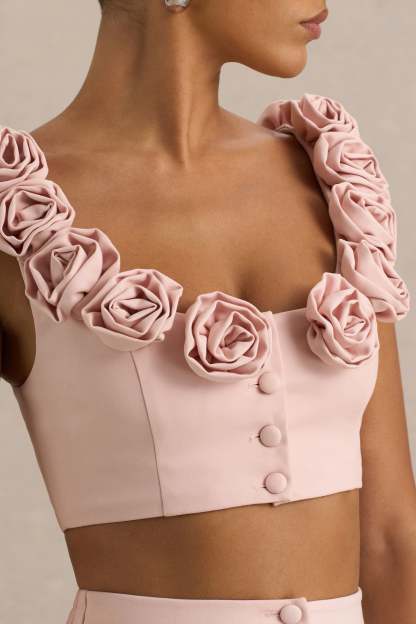 Baby Pink Scoop-Neck Crop Top With Corsage Details