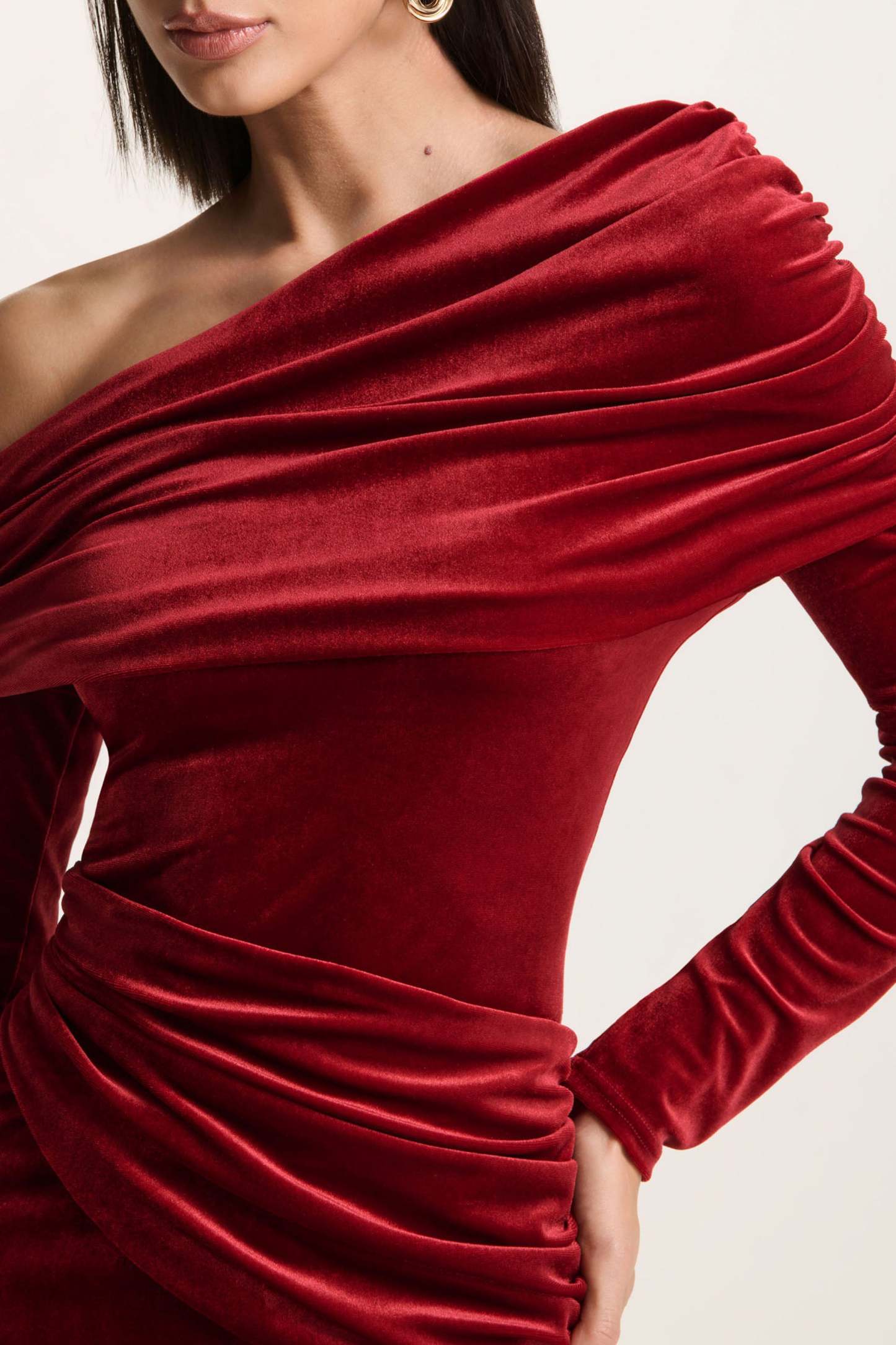 Berry Velvet Asymmetric-Neck Midi Dress