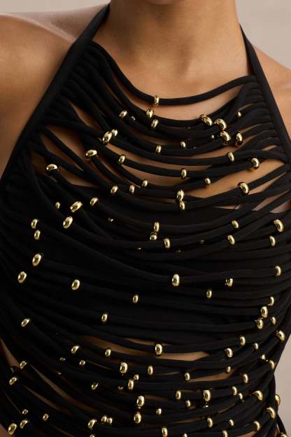 Black High-Neck Embellished Top With Cut-Outs