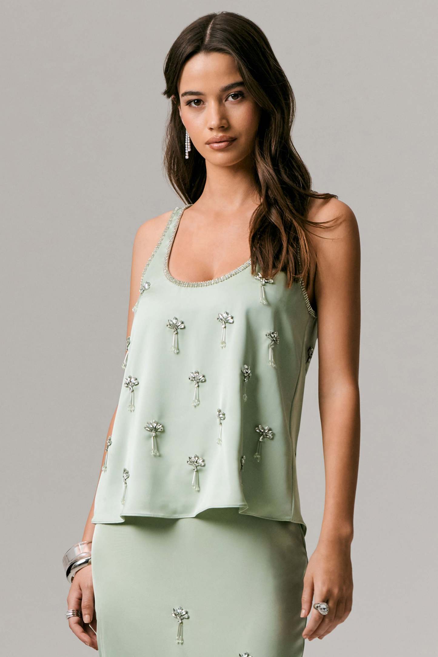 Mint Satin Scoop-Neck Embellished Top