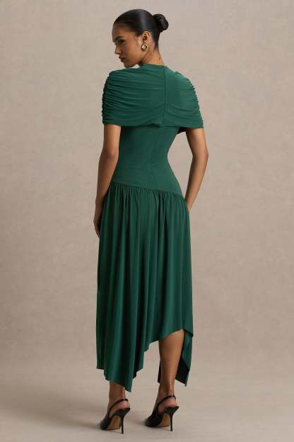 Teal Wrapped Midi Dress With Hanky Hem