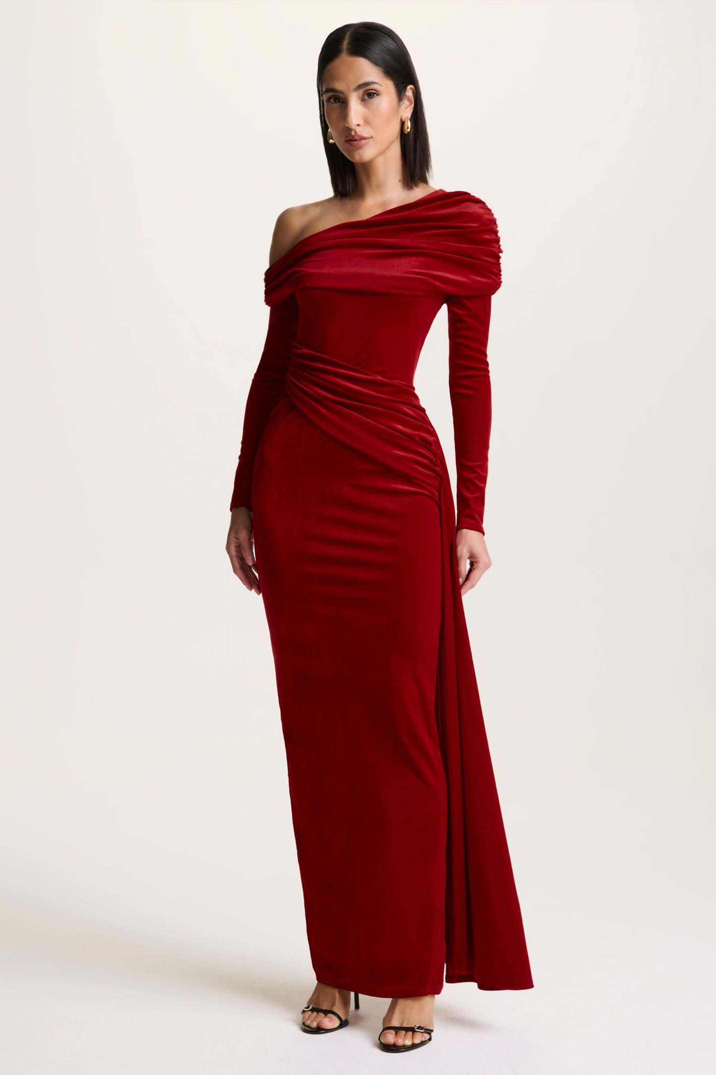 Red Velvet Asymmetric-Neck Maxi Dress With Sash-Detail