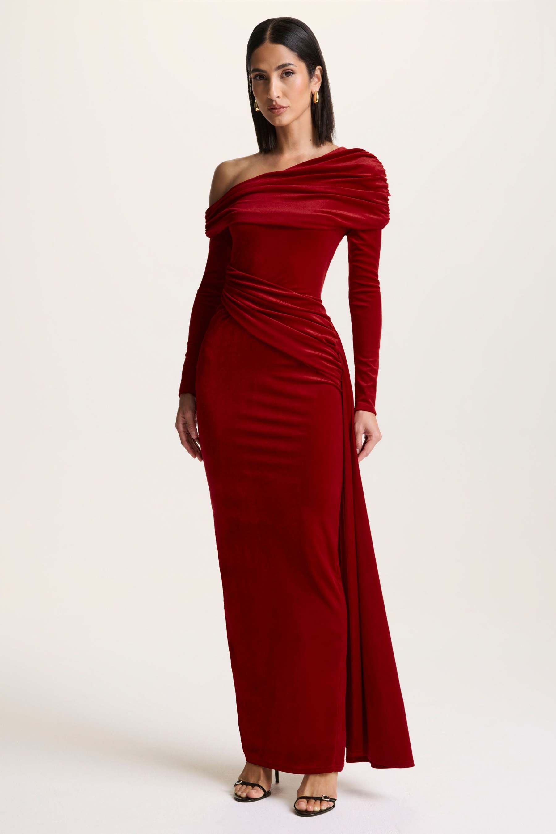 Red Velvet Asymmetric-Neck Maxi Dress With Sash-Detail