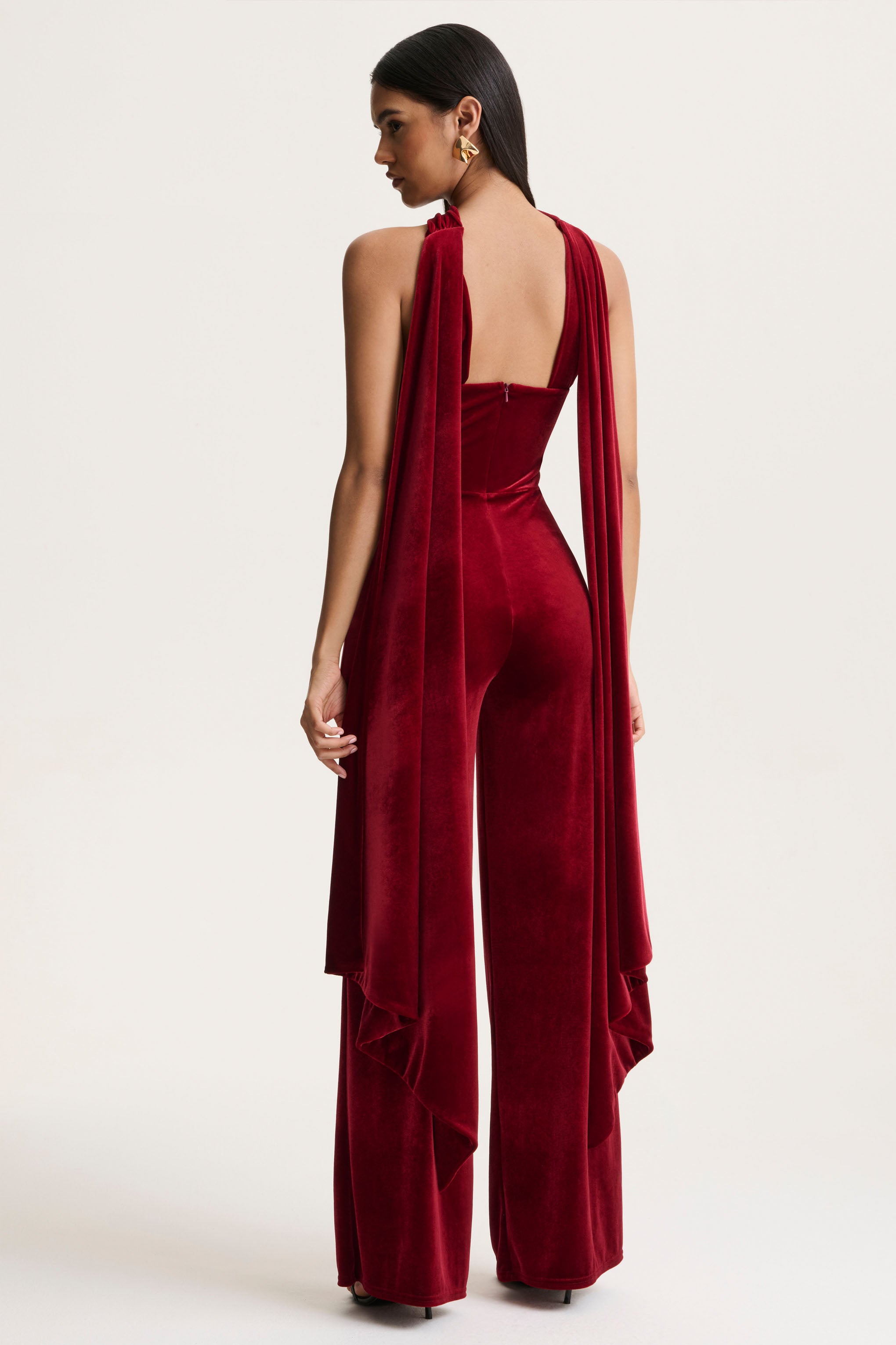 Burgundy Velvet Bandeau Jumpsuit With Scarf
