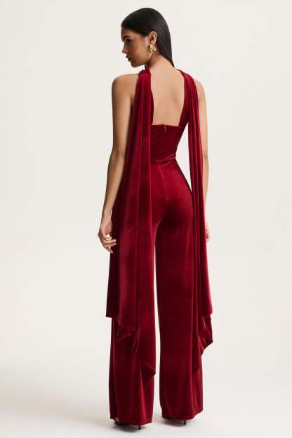 Burgundy Velvet Bandeau Jumpsuit With Scarf