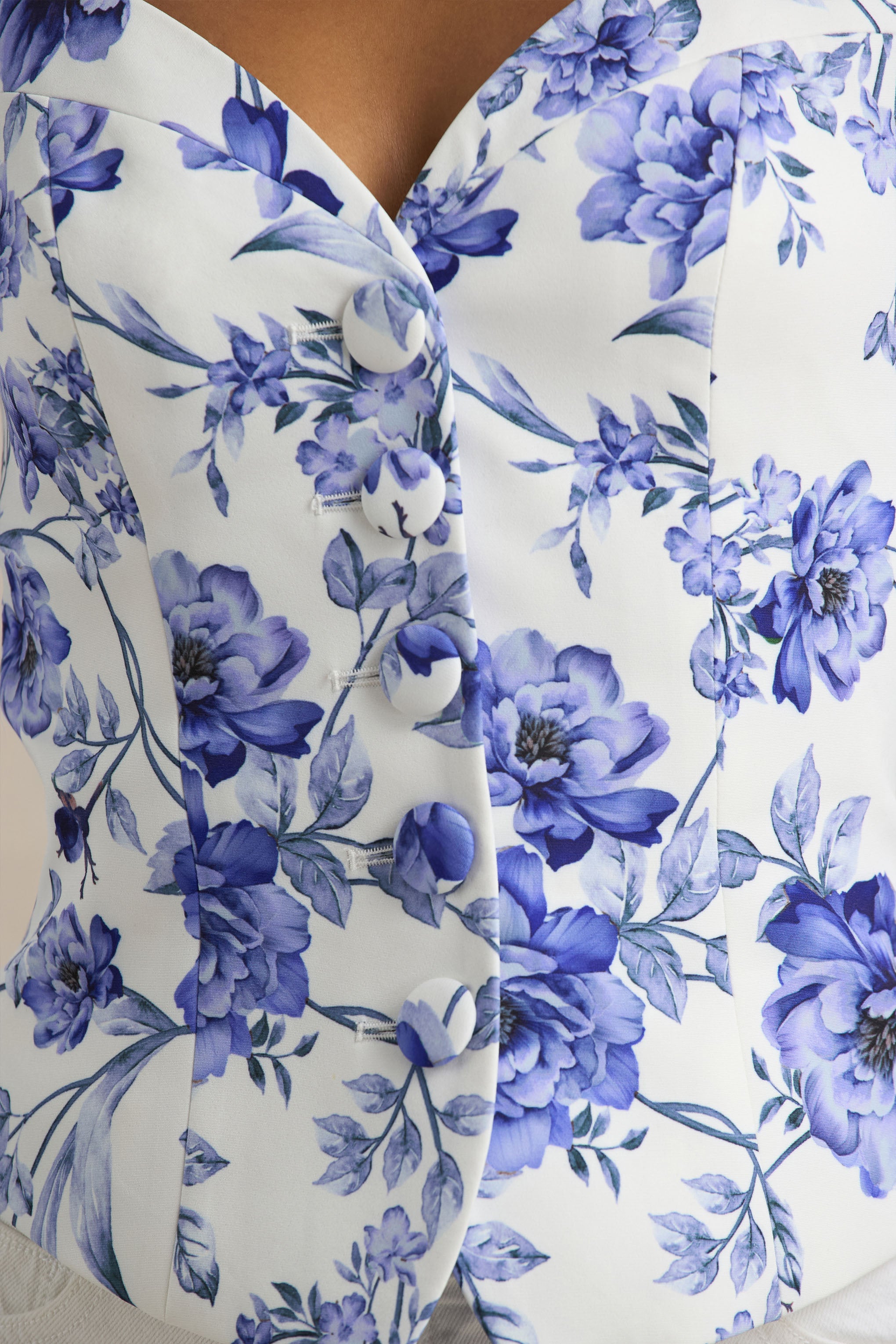 Blue Floral Print Sweetheart-Neck Tailored Top