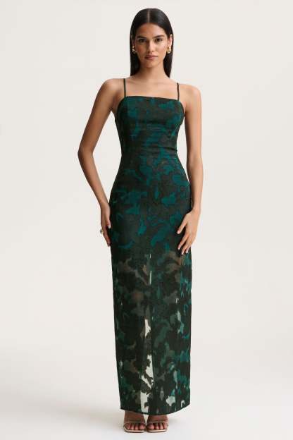 Dark Green Satin Devore Square-Neck Maxi Dress With Removable Twisted-Cape