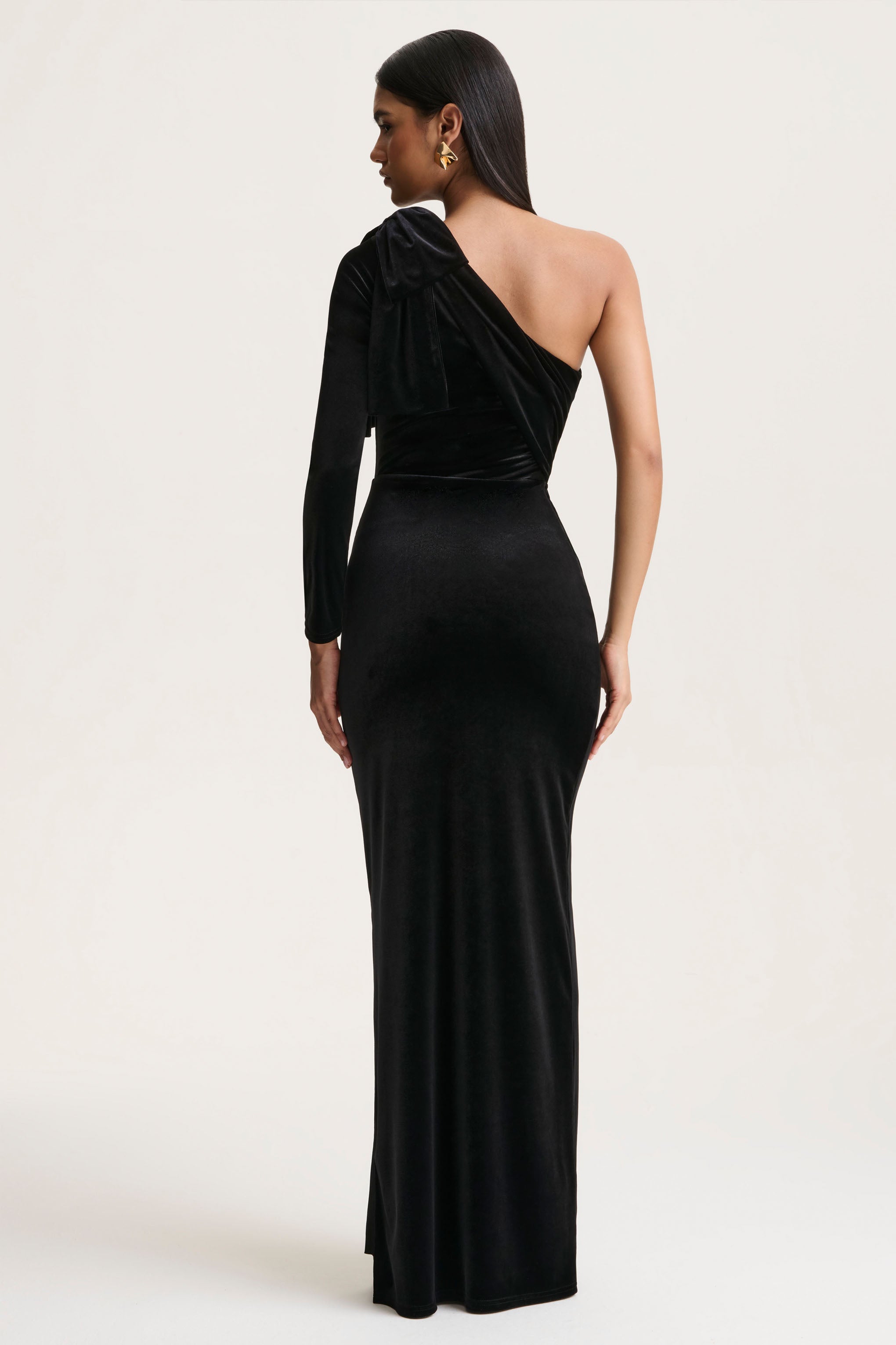 Farryn | Black Asymmetric-Neck Maxi Dress With Bow Detail