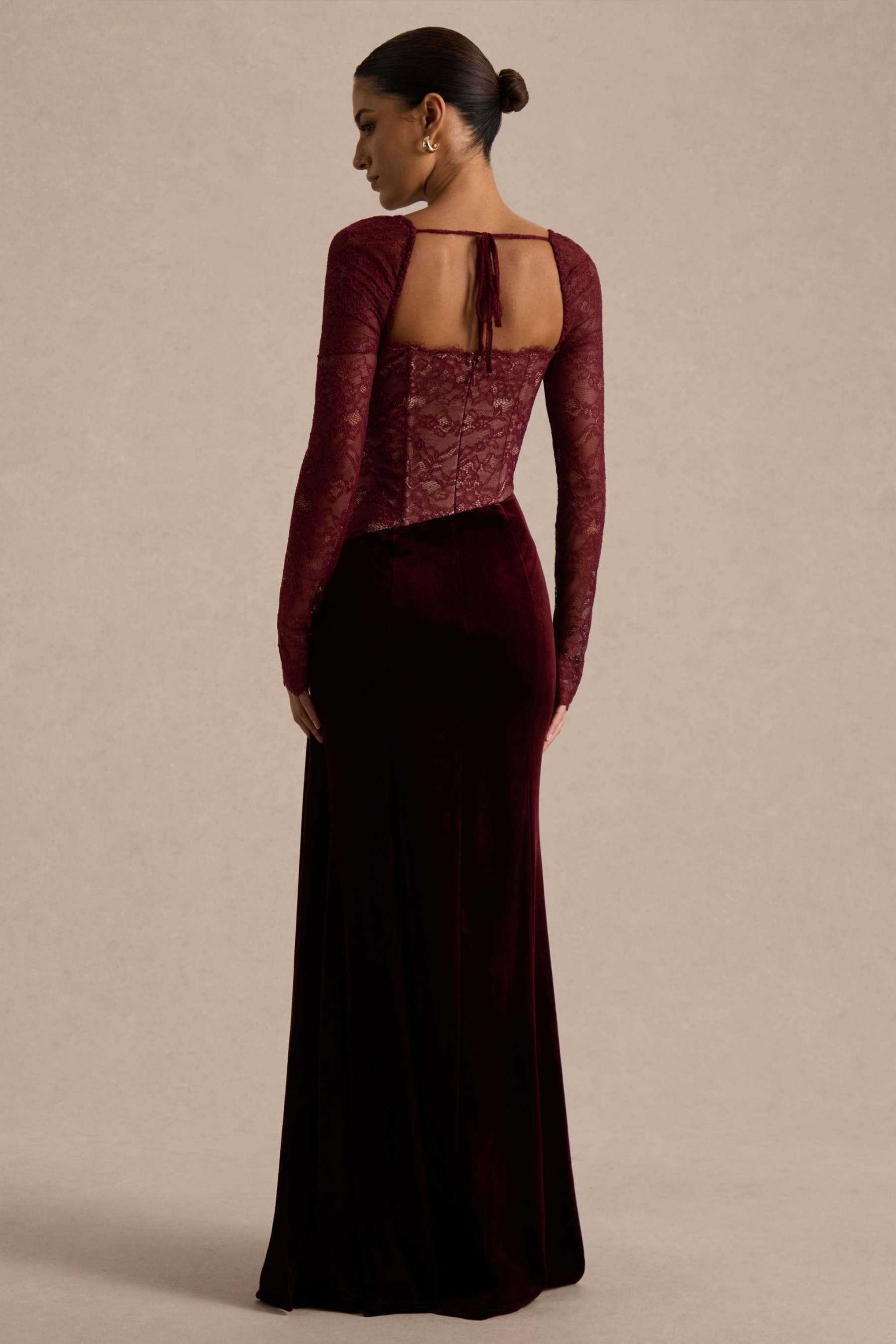 Burgundy Lace And Velvet Square-Neck Maxi Dress With Draped Skirt