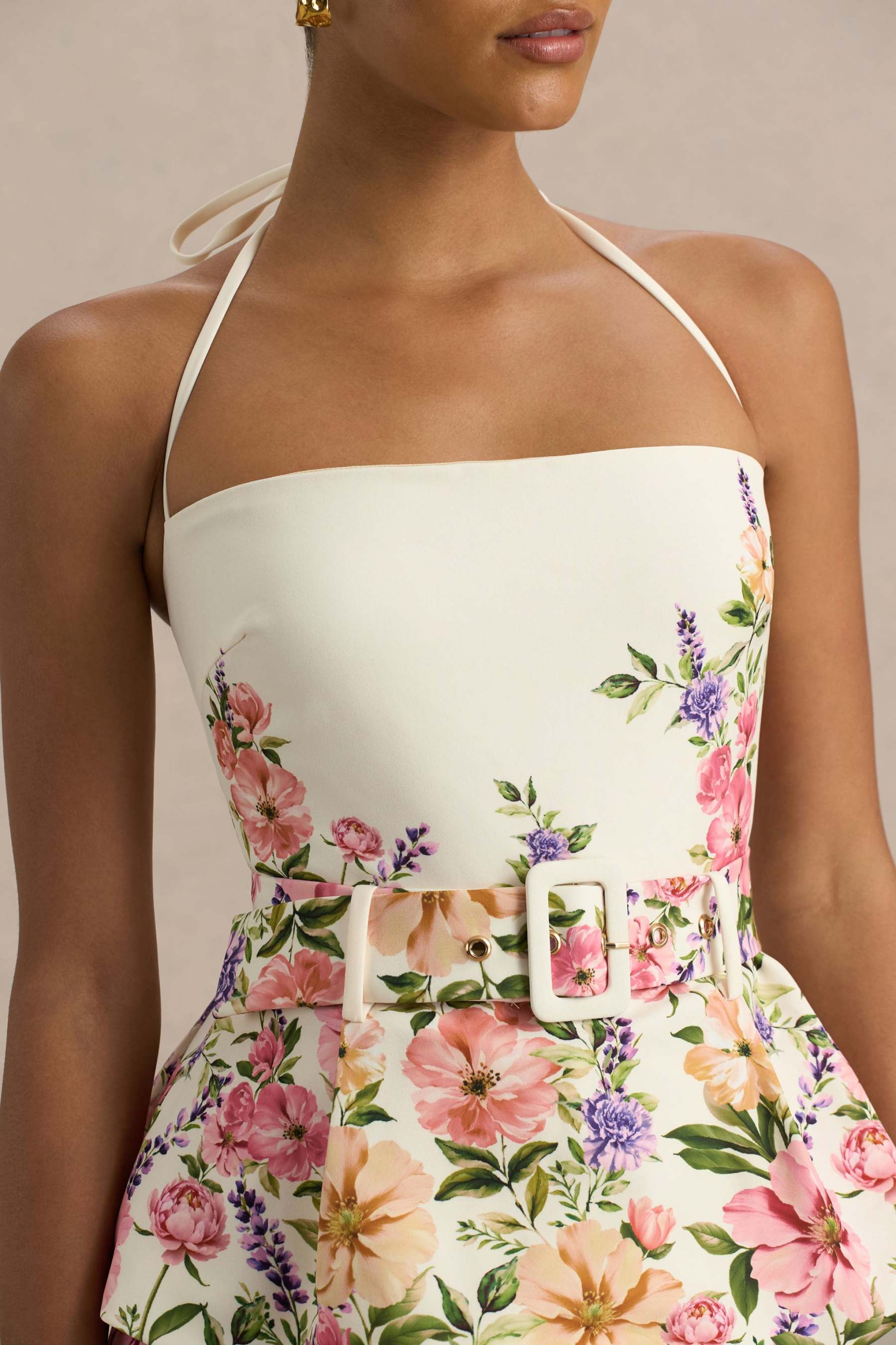 White Floral Border Print Square-Neck Tailored Top