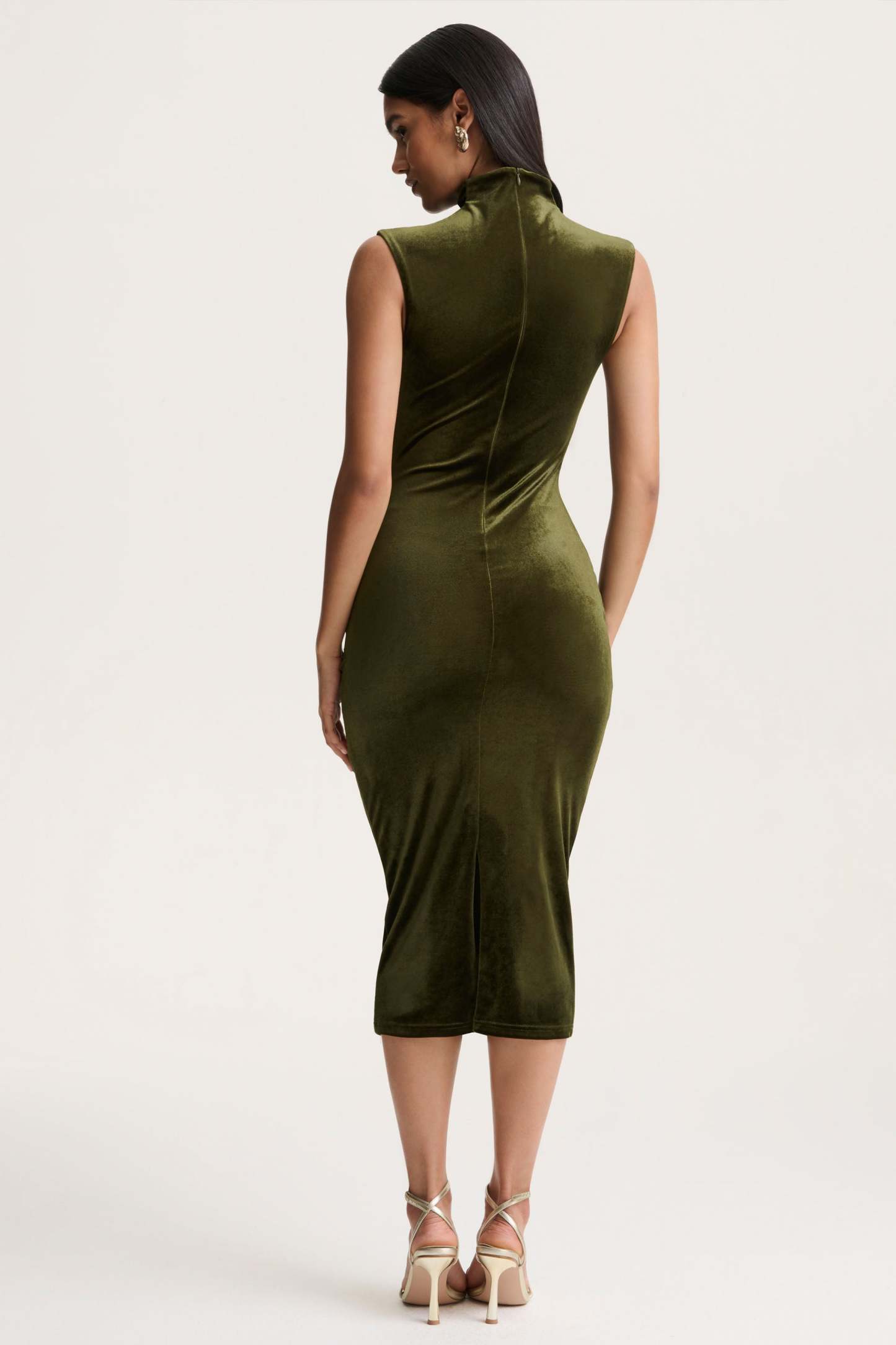 Olive Velvet High-Neck Midi Dress
