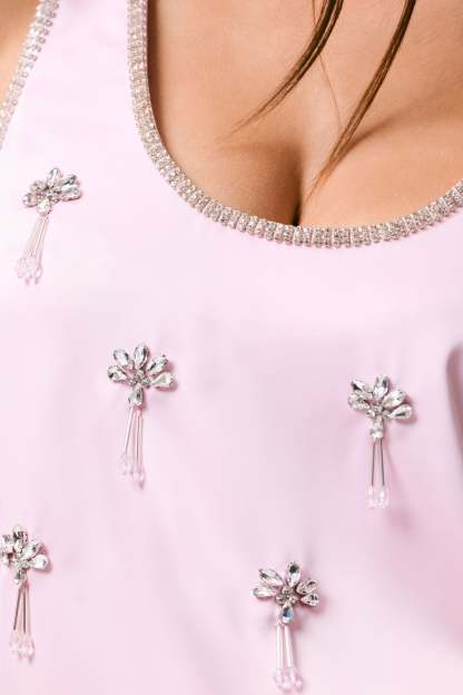 Pink Satin Scoop-Neck Embellished Top