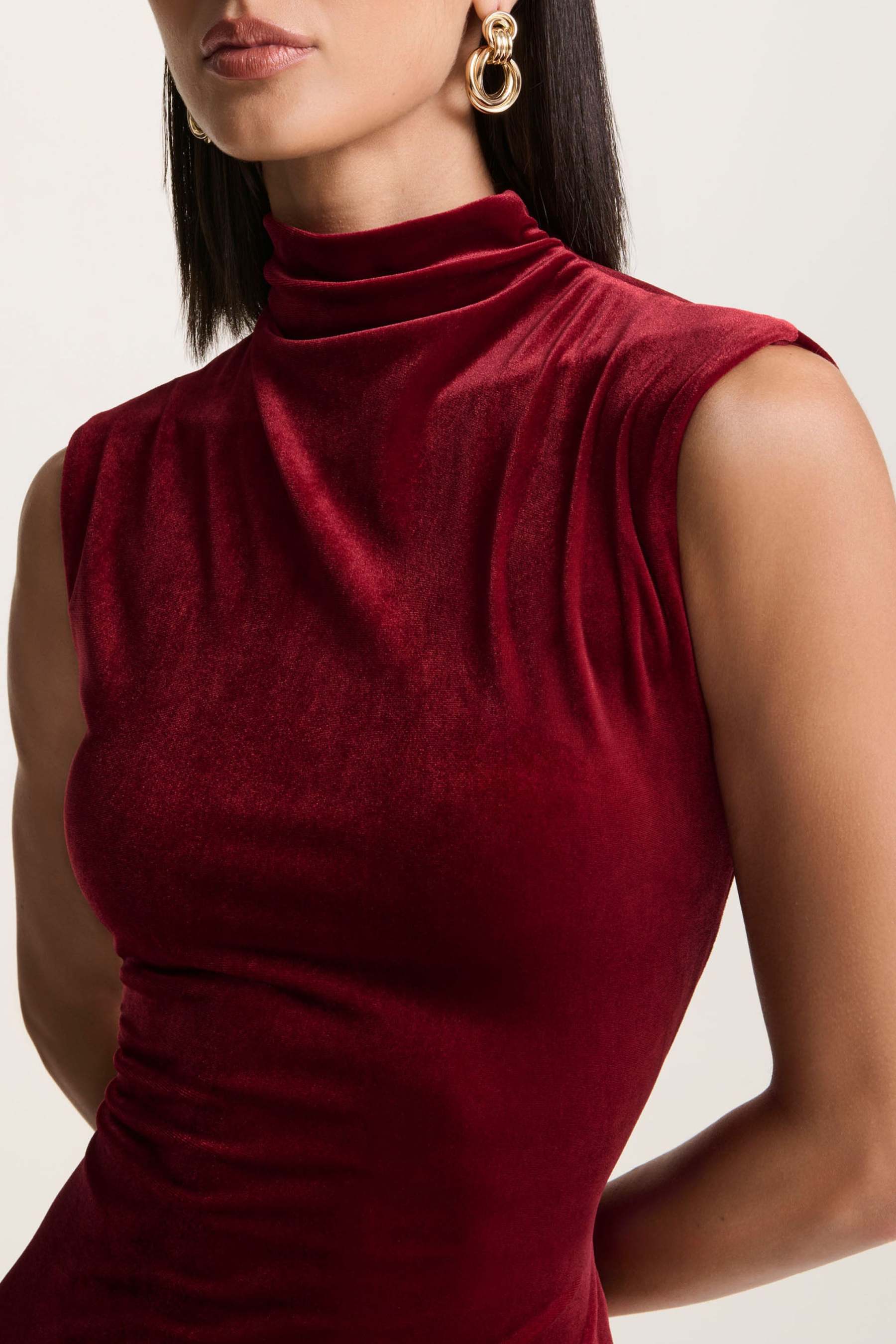 Burgundy Velvet High-Neck Midi Dress With Cap-Sleeves