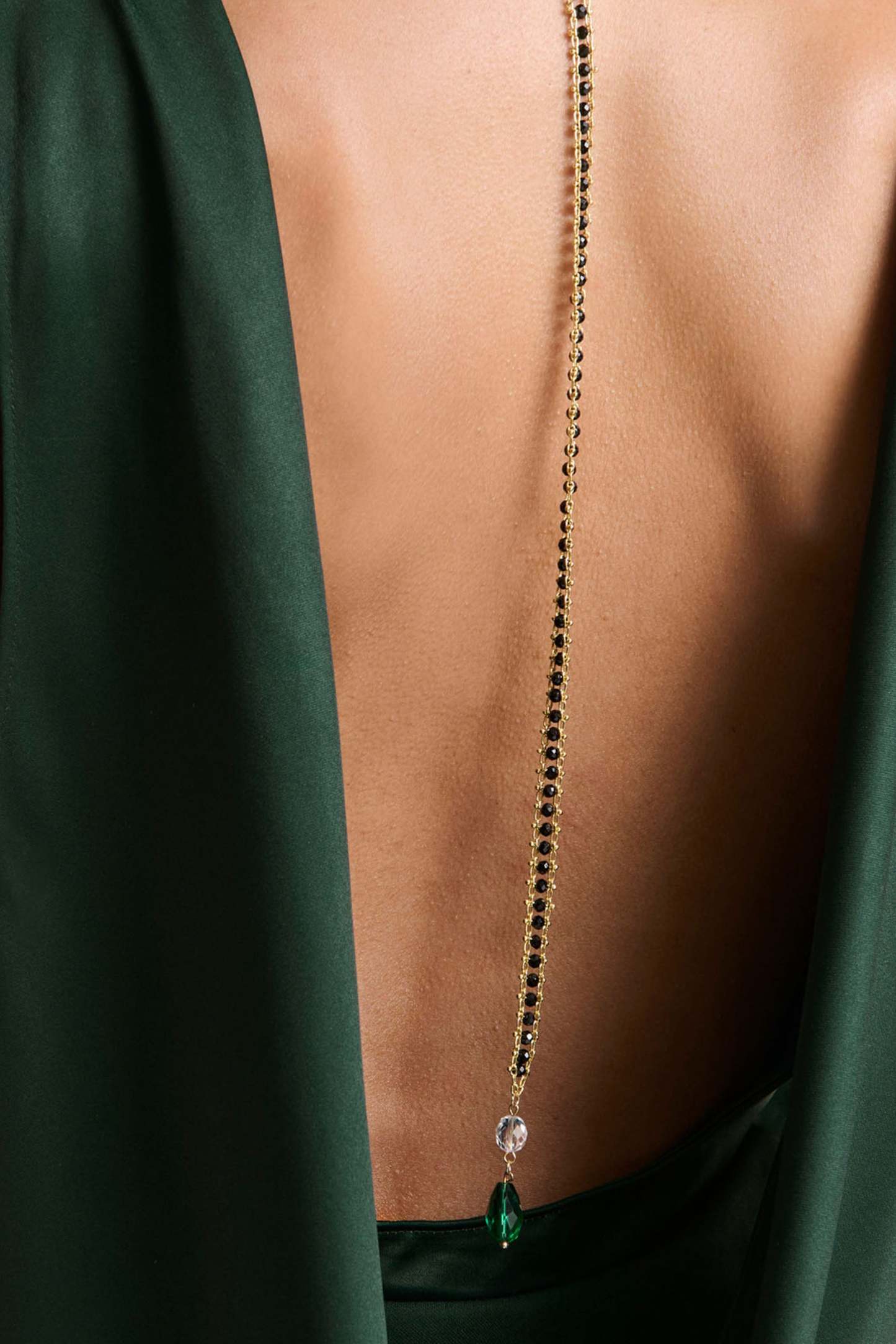 Dark Green Slashed-Neck Maxi Dress With Open-Back And Embellished Detail