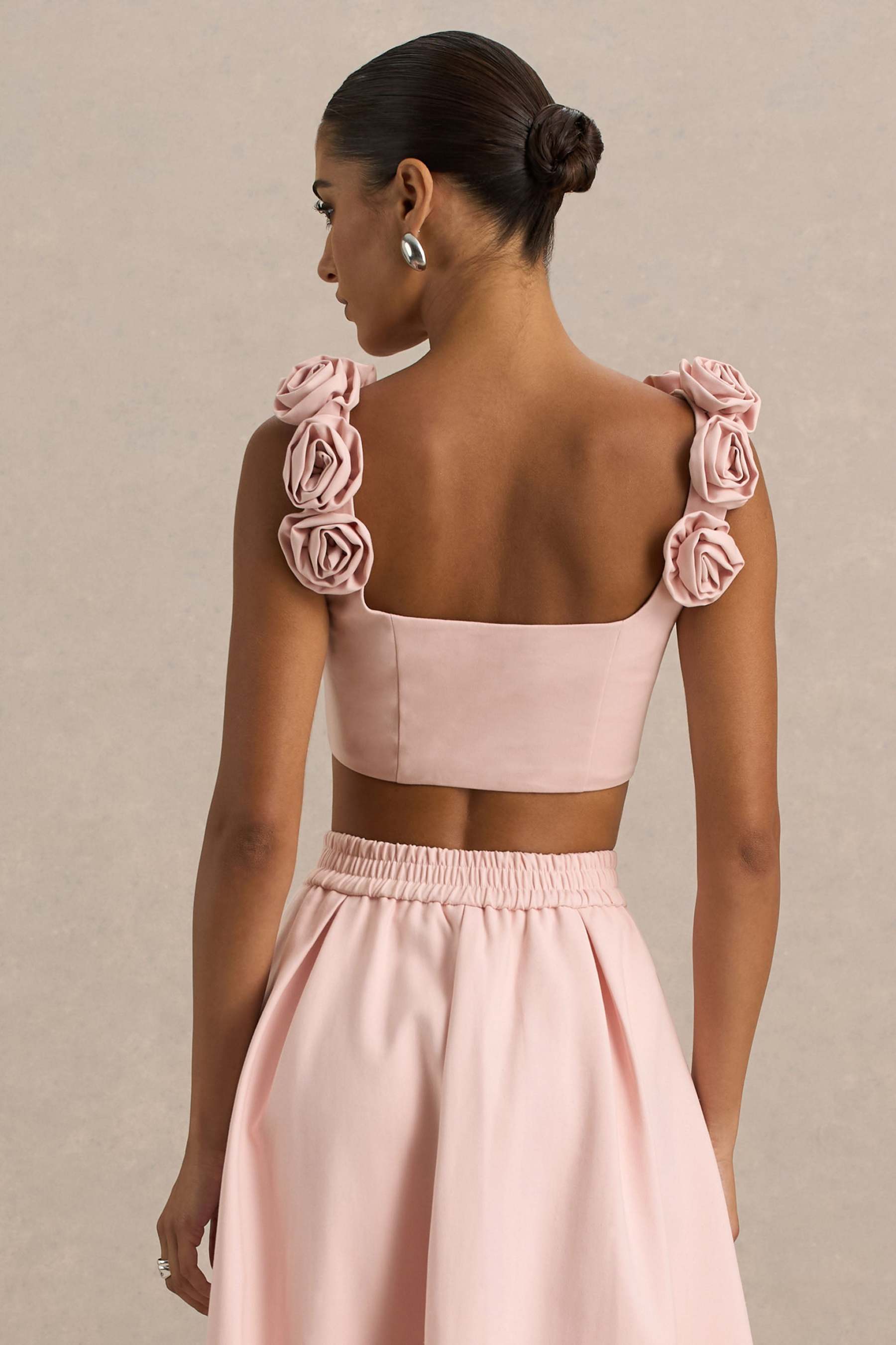 Baby Pink Scoop-Neck Crop Top With Corsage Details