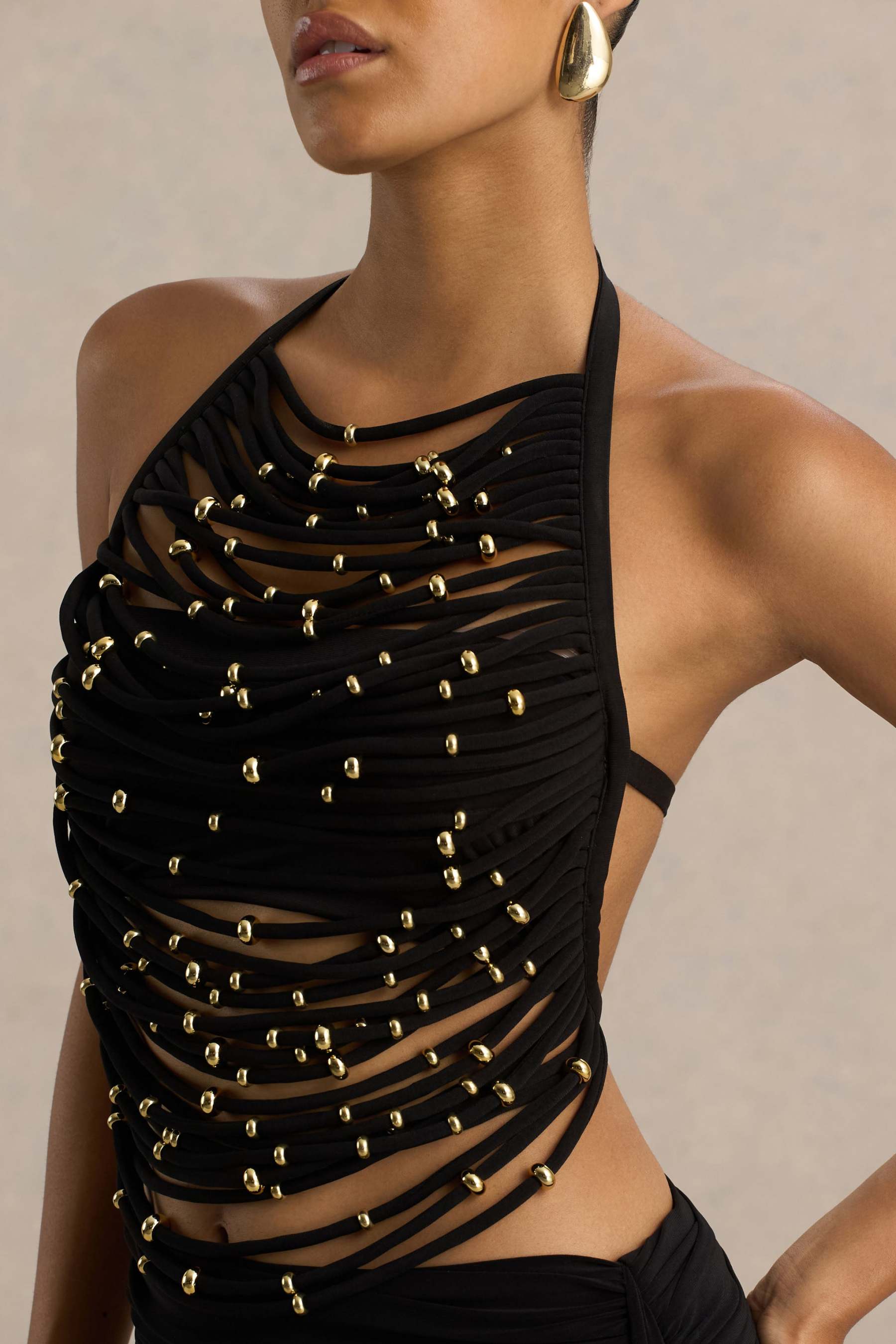 Black High-Neck Embellished Top With Cut-Outs