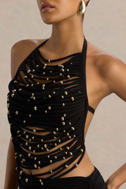 Black High-Neck Embellished Top With Cut-Outs