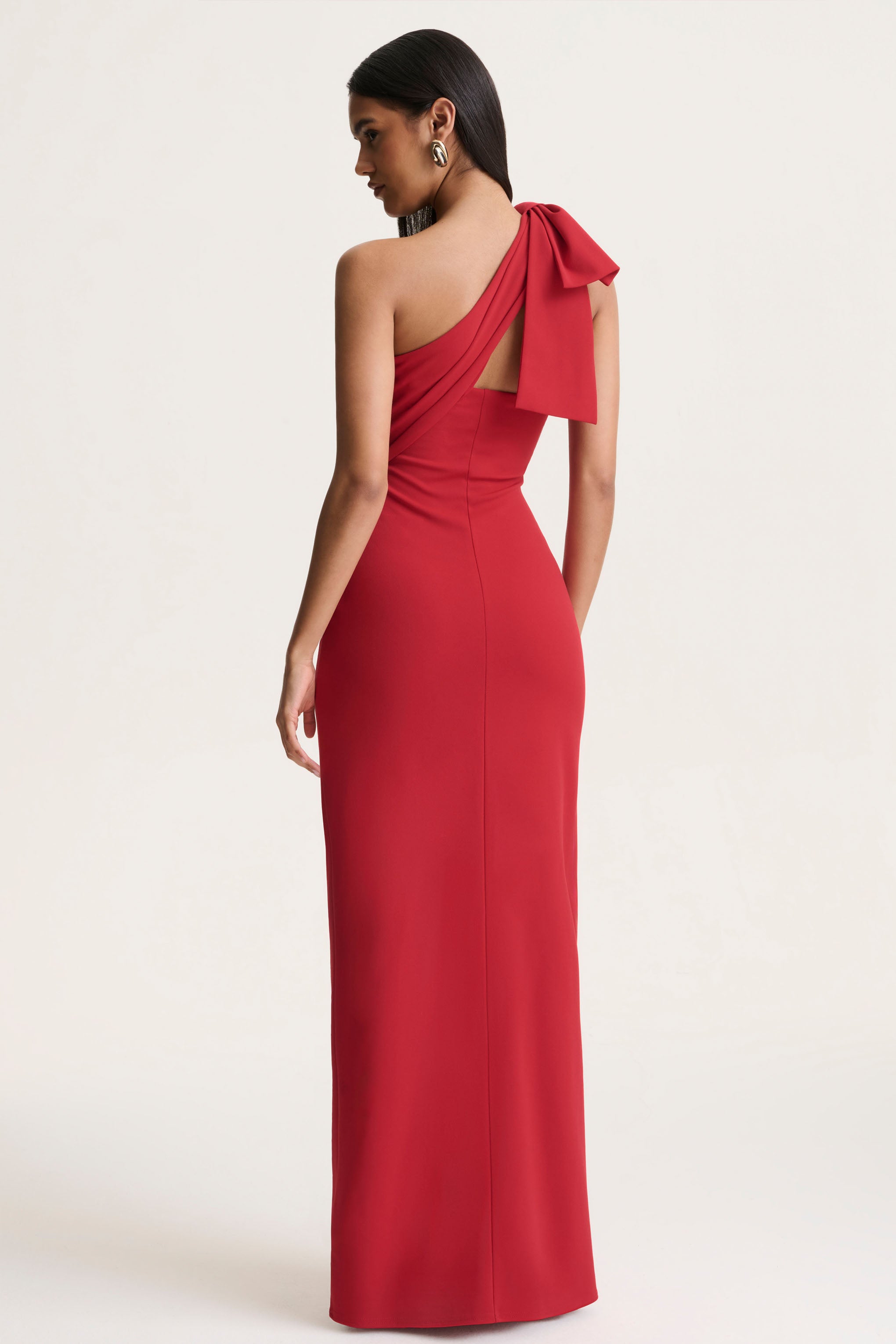 Red Asymmetric-Neck Maxi Dress With Bow-Detail