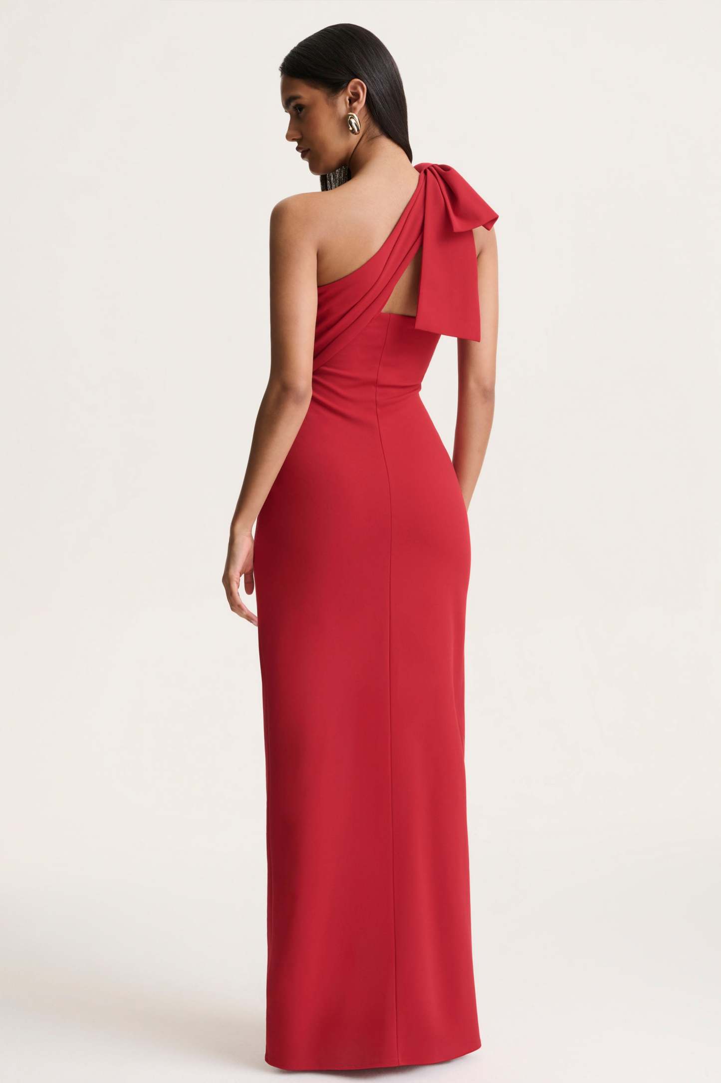 Red Asymmetric-Neck Maxi Dress With Bow-Detail
