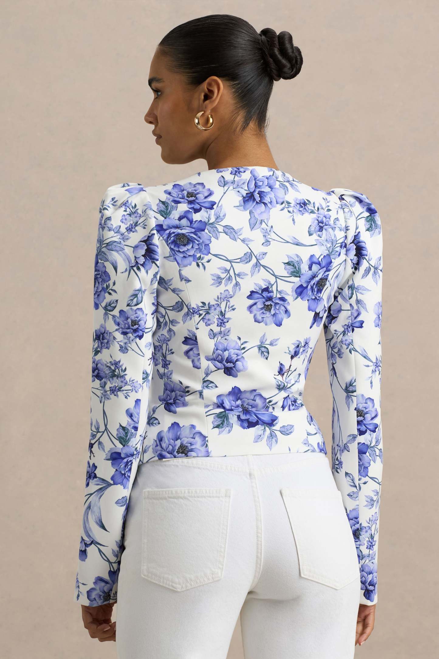 Blue Floral Print Sweetheart-Neck Tailored Top