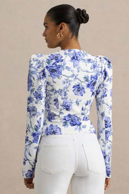Blue Floral Print Sweetheart-Neck Tailored Top