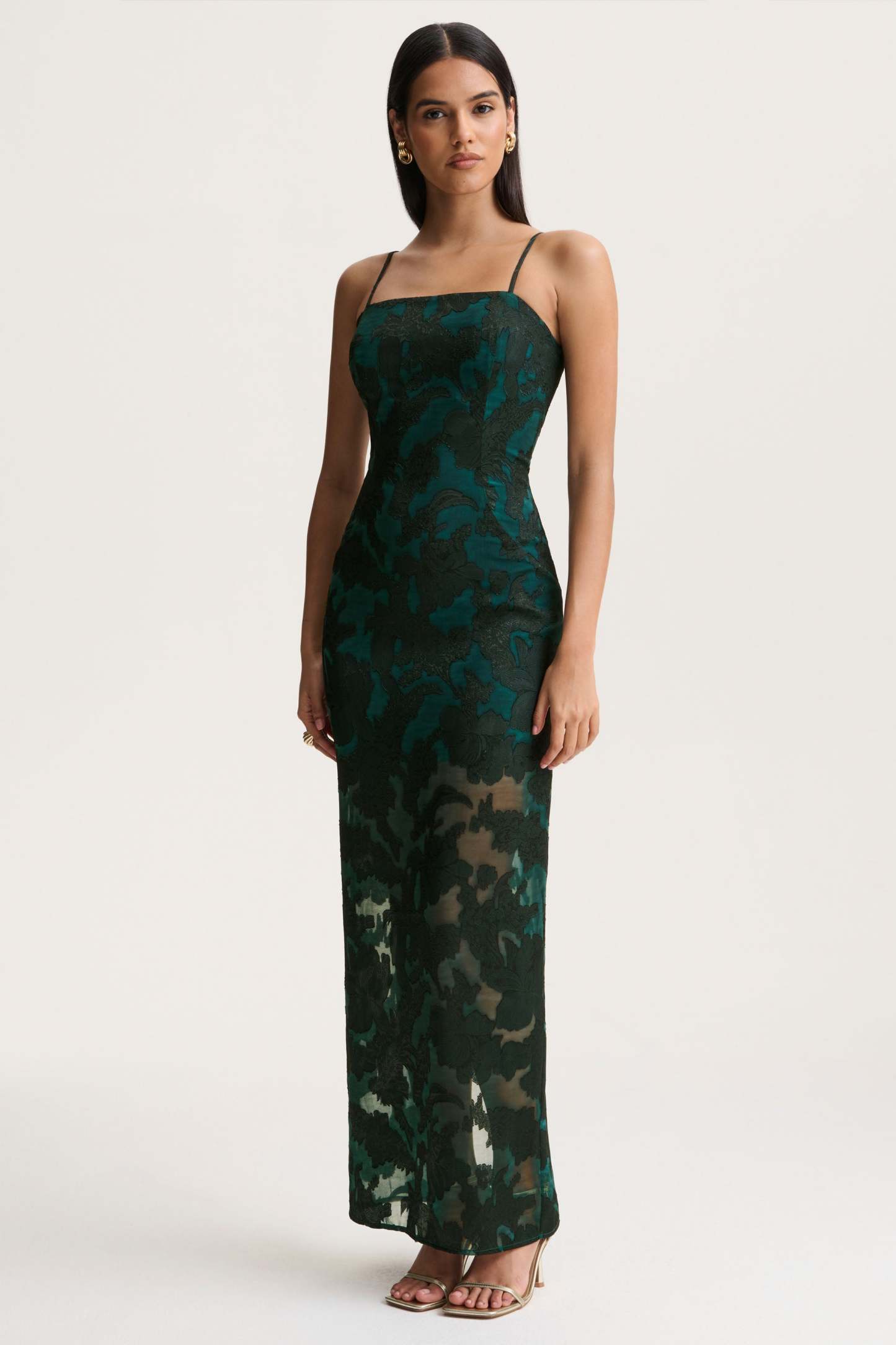 Dark Green Satin Devore Square-Neck Maxi Dress With Removable Twisted-Cape