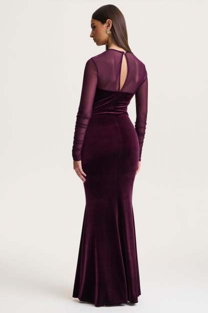 Plum Velvet High-Neck Maxi Dress With Draped-Detailing