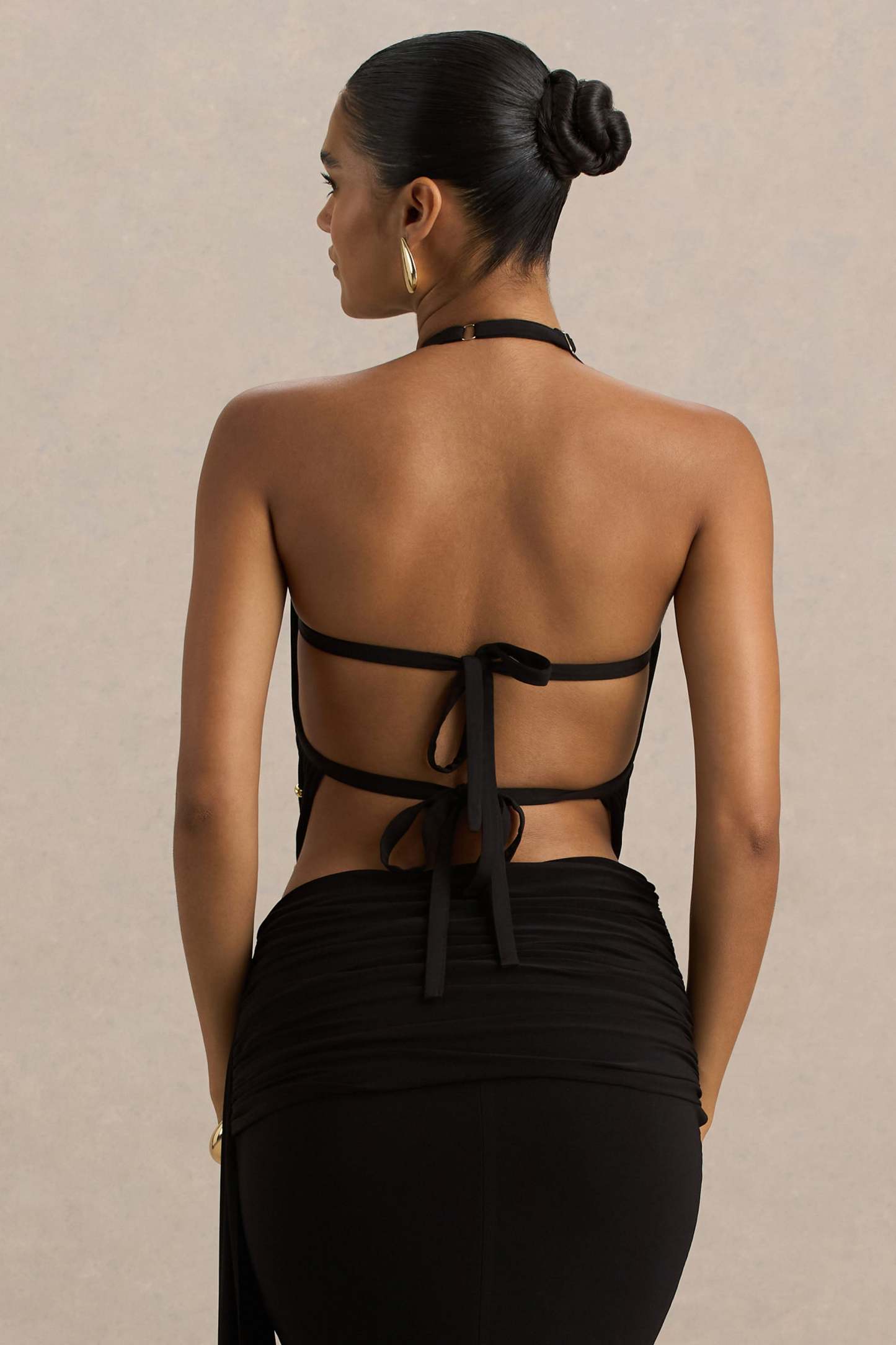 Black High-Neck Embellished Top With Cut-Outs