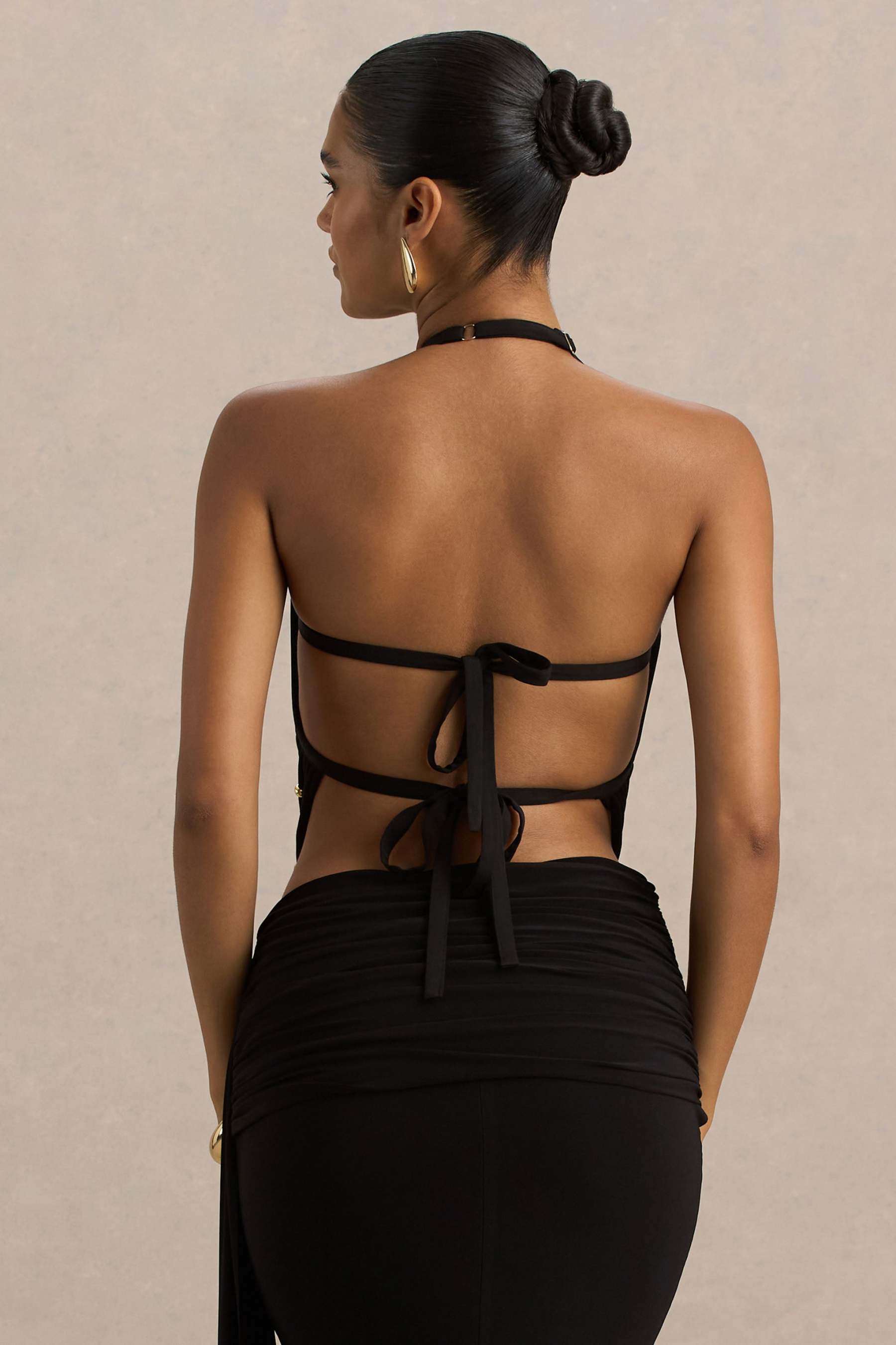 Black High-Neck Embellished Top With Cut-Outs