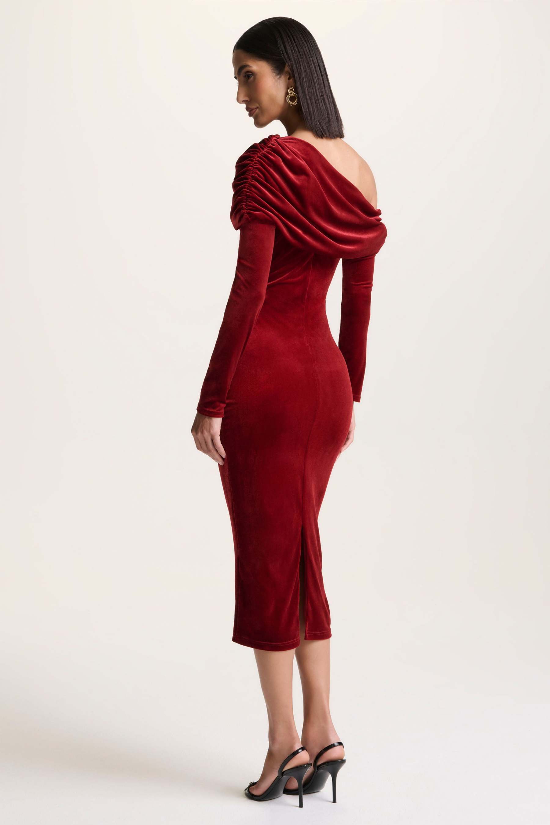 Berry Velvet Asymmetric-Neck Midi Dress