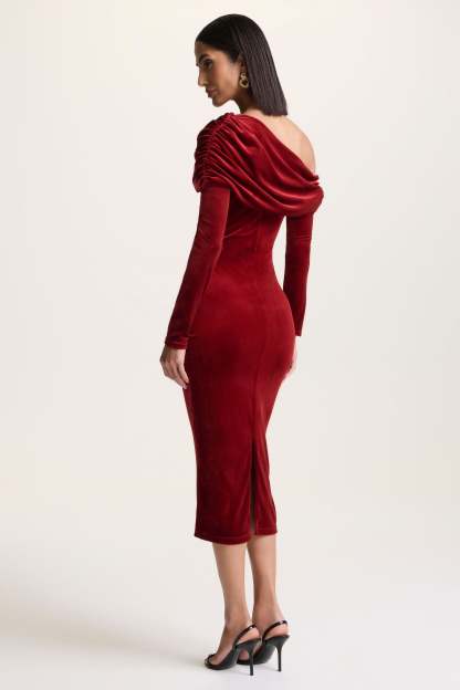 Berry Velvet Asymmetric-Neck Midi Dress