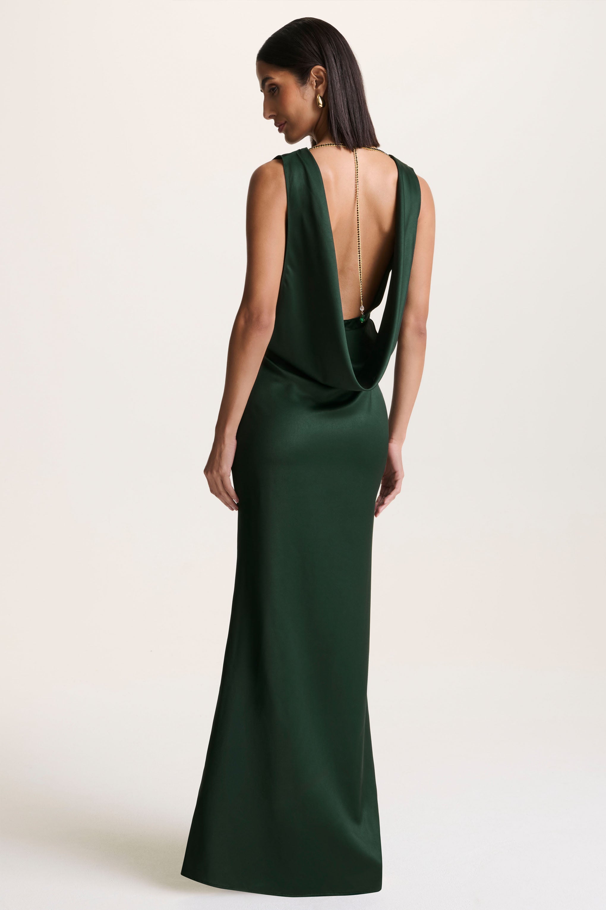 Dark Green Slashed-Neck Maxi Dress With Open-Back And Embellished Detail