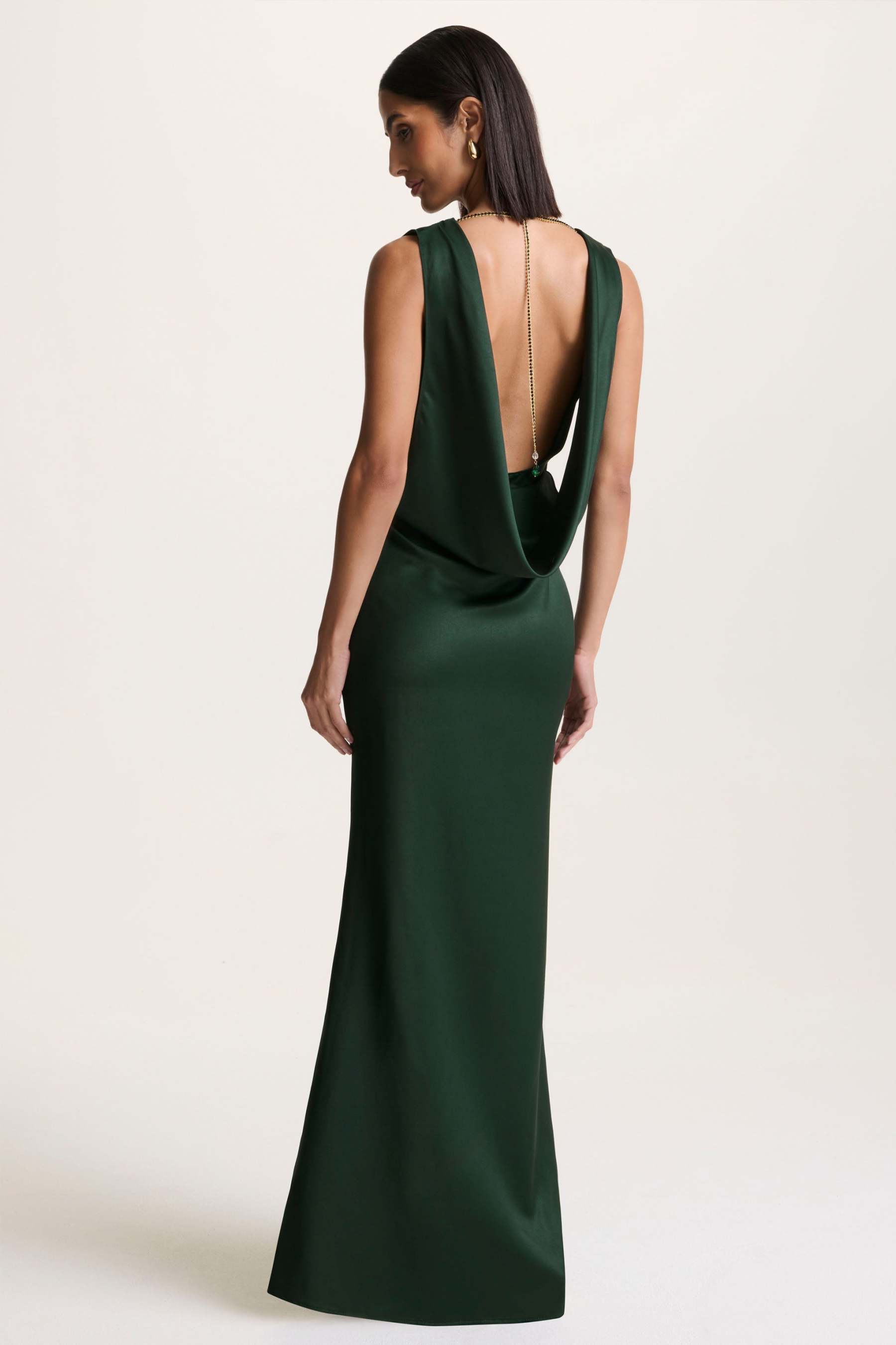 Dark Green Slashed-Neck Maxi Dress With Open-Back And Embellished Detail