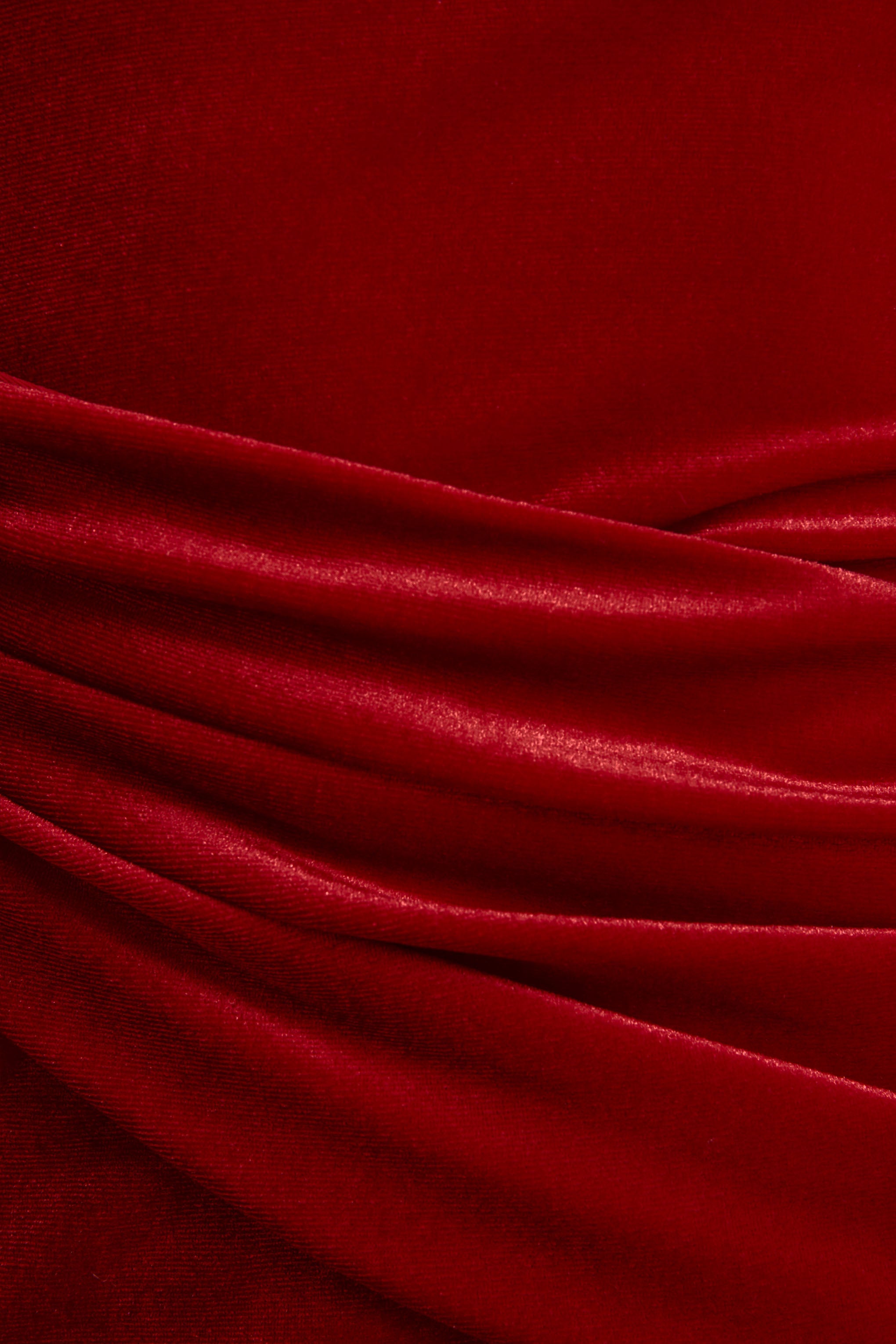 Red Velvet Asymmetric-Neck Maxi Dress With Sash-Detail