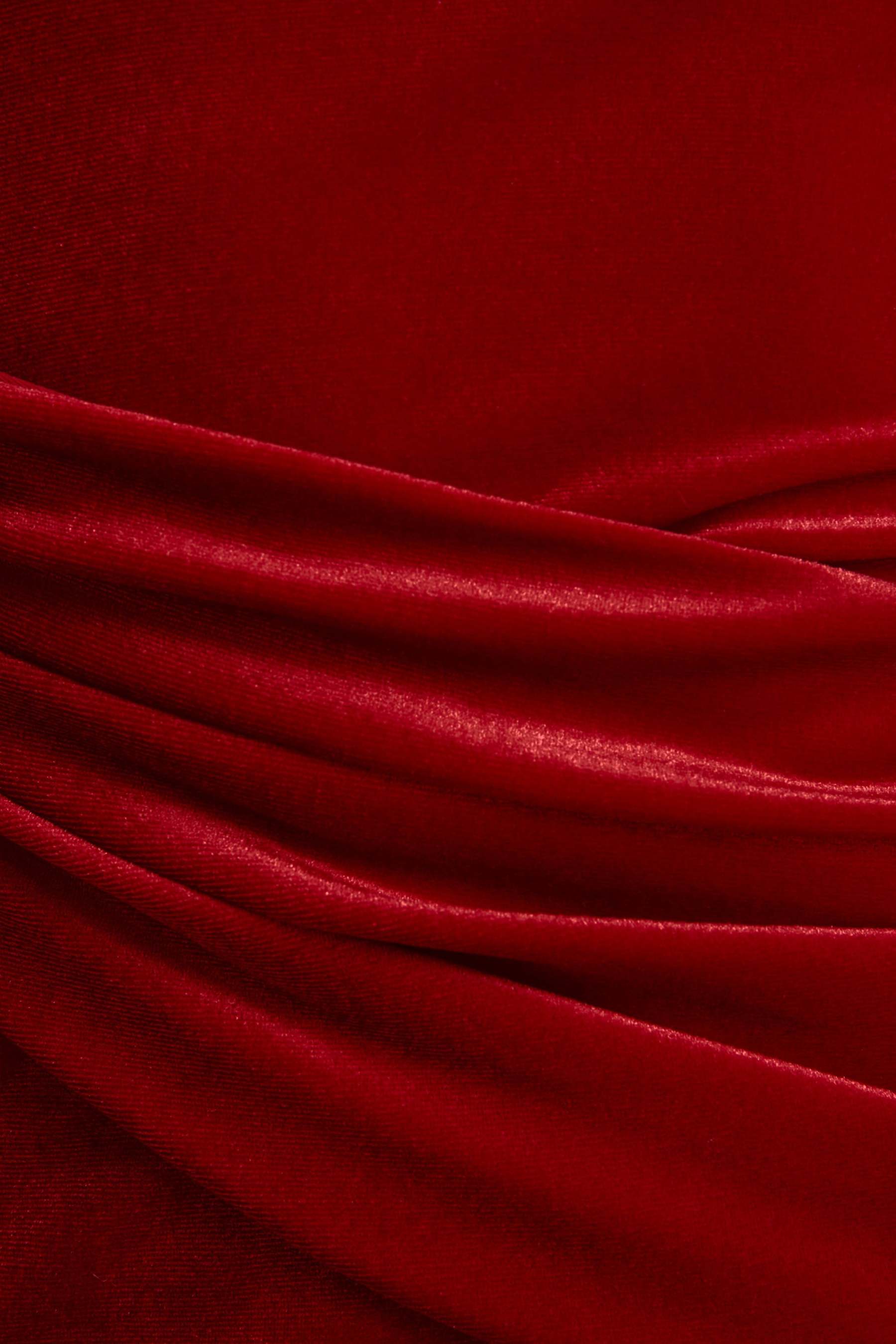 Red Velvet Asymmetric-Neck Maxi Dress With Sash-Detail