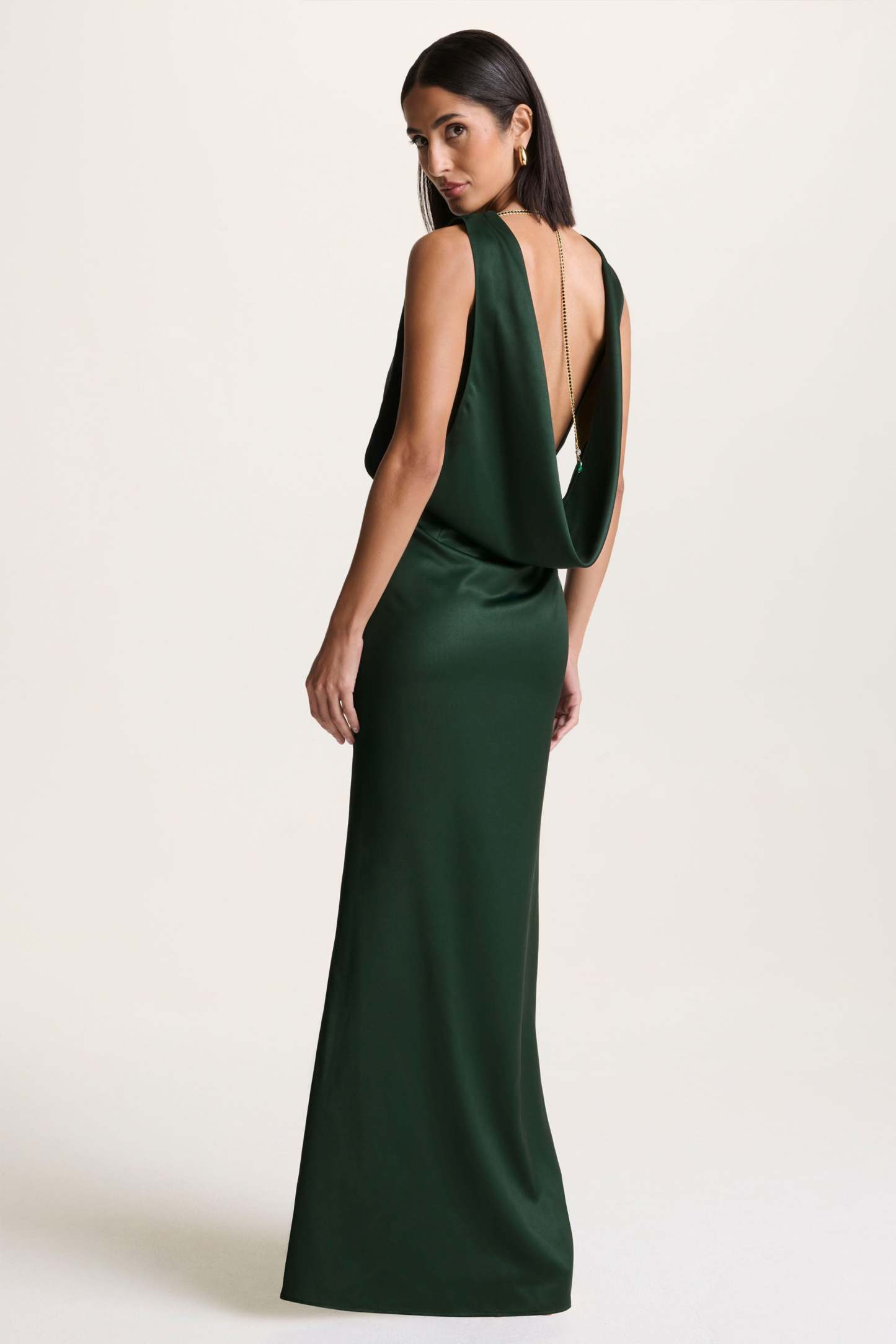 Dark Green Slashed-Neck Maxi Dress With Open-Back And Embellished Detail