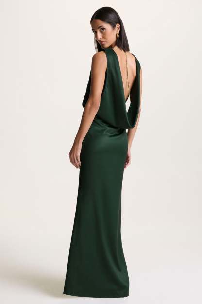 Dark Green Slashed-Neck Maxi Dress With Open-Back And Embellished Detail