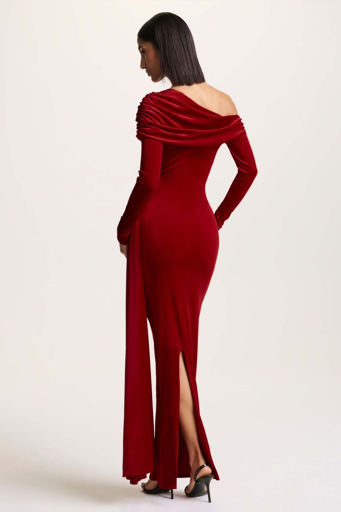 Red Velvet Asymmetric-Neck Maxi Dress With Sash-Detail