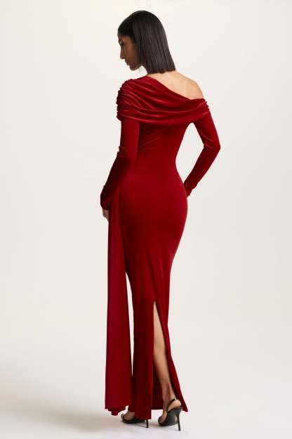 Red Velvet Asymmetric-Neck Maxi Dress With Sash-Detail