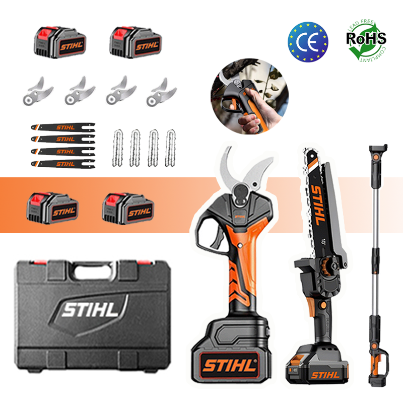 STIHL bezuhlíková lítium-iónová akumulátorová reťazová píla a sada záhradníckych nožníc