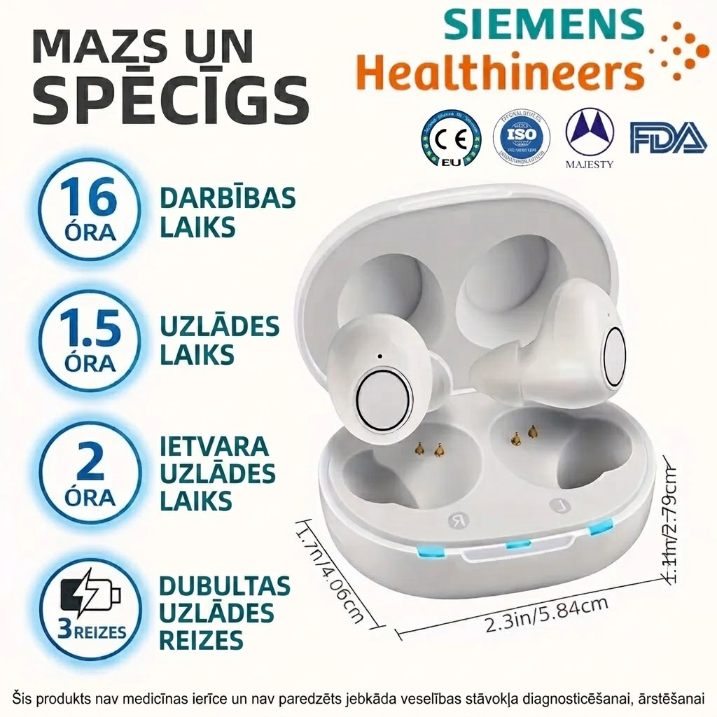 SIEMENS JH-A39 — OTC dzirdes aparāti, FDA apstiprināti, atkārtoti uzlādējami, ar ilgu akumulatora darbības laiku, USB uzlādes futrālis, nevainojama lietošanas pieredze.