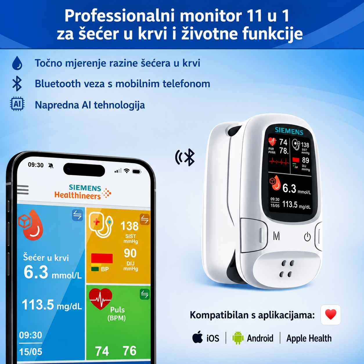 🩸 Glukometar bez probijanja – Siemens | Bezbolno praćenje glukoze kod kuće 📊