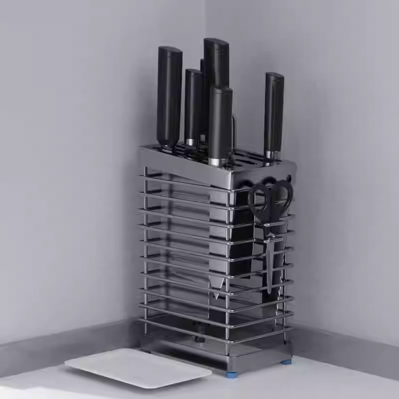 Držák na nože z nerezové oceli 304, multifunkční stojan na nože s otvory na nože a lůžky na nůžky, antibakteriální a protiplísňový úložný stojan