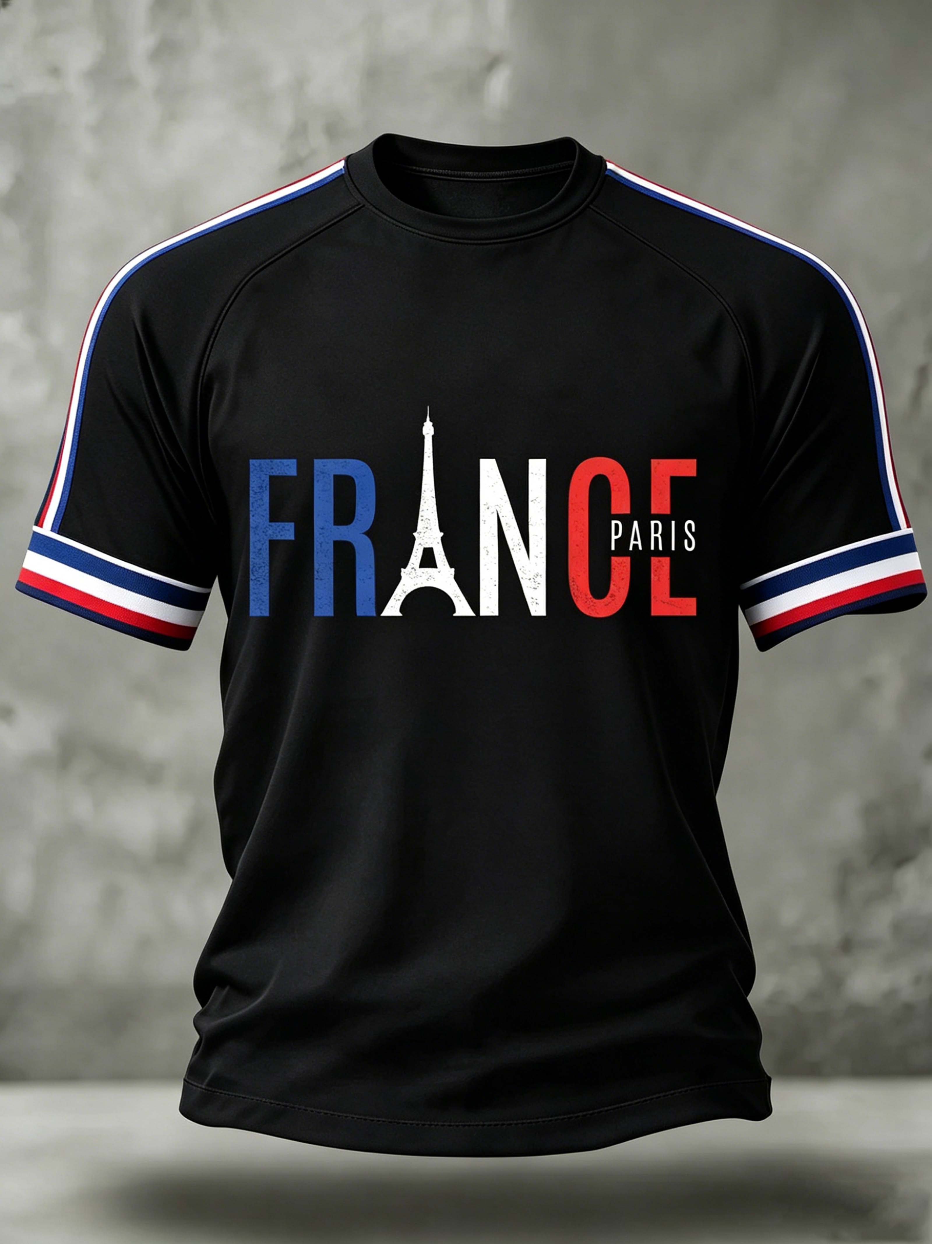 France Paris Eiffel Tower Stripe Sleeve Vintage Casual T-Shirt