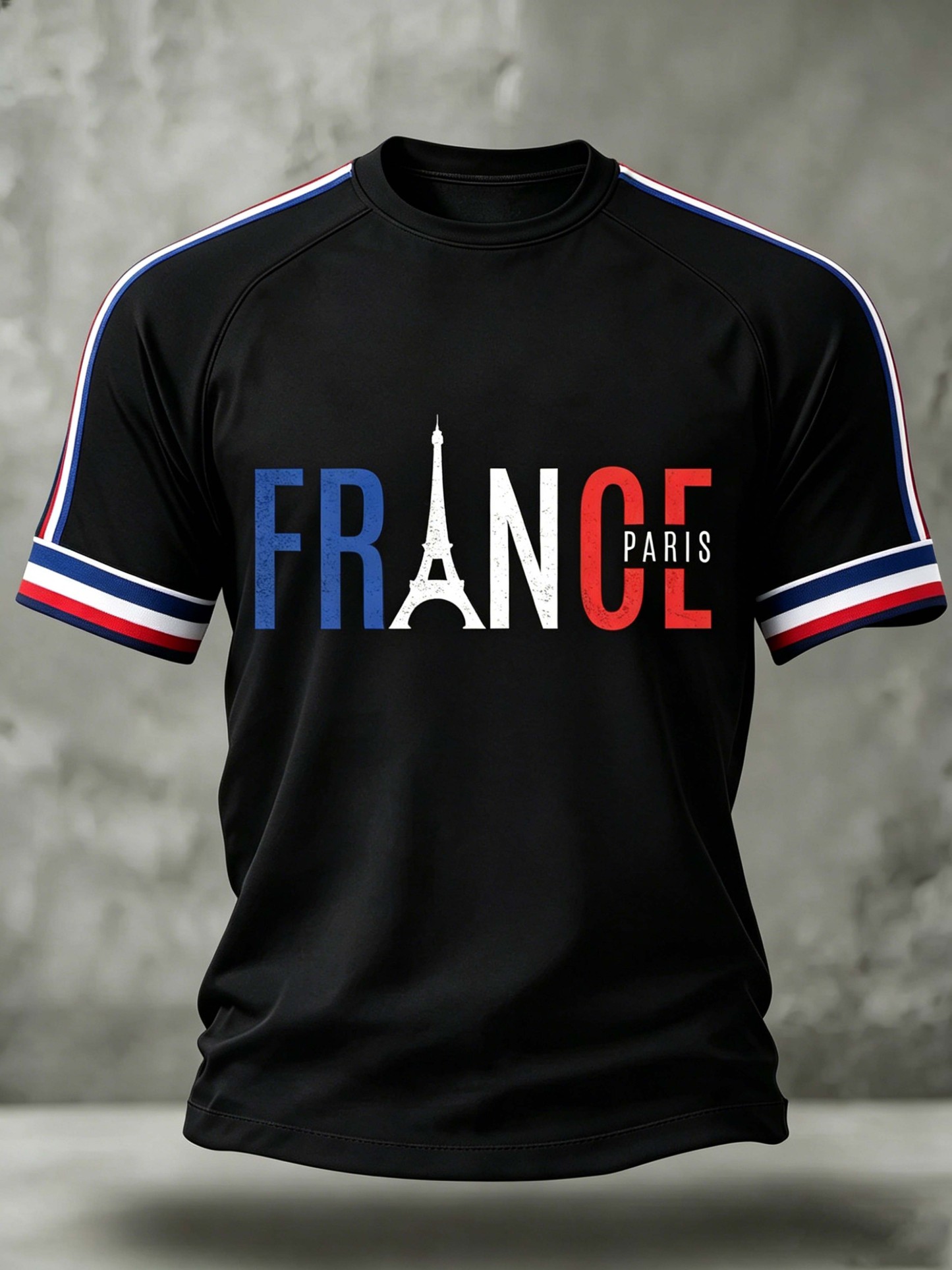France Paris Eiffel Tower Stripe Sleeve Vintage Casual T-Shirt