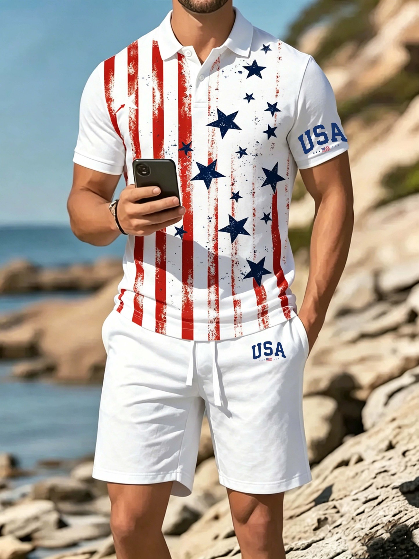 USA Vintage Star Stripe Print Casual Two Piece Set