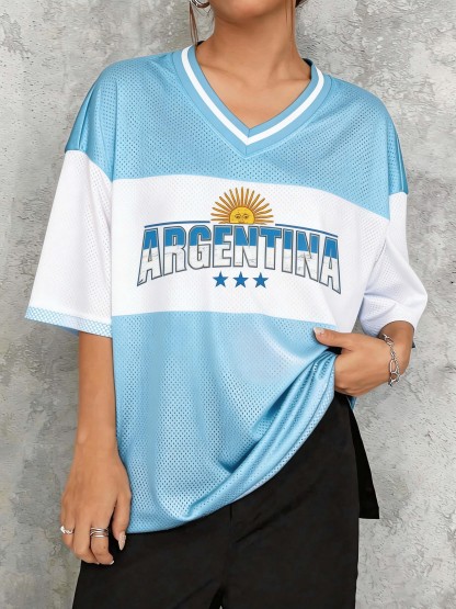 Argentine Football Fan Themed Printed Top