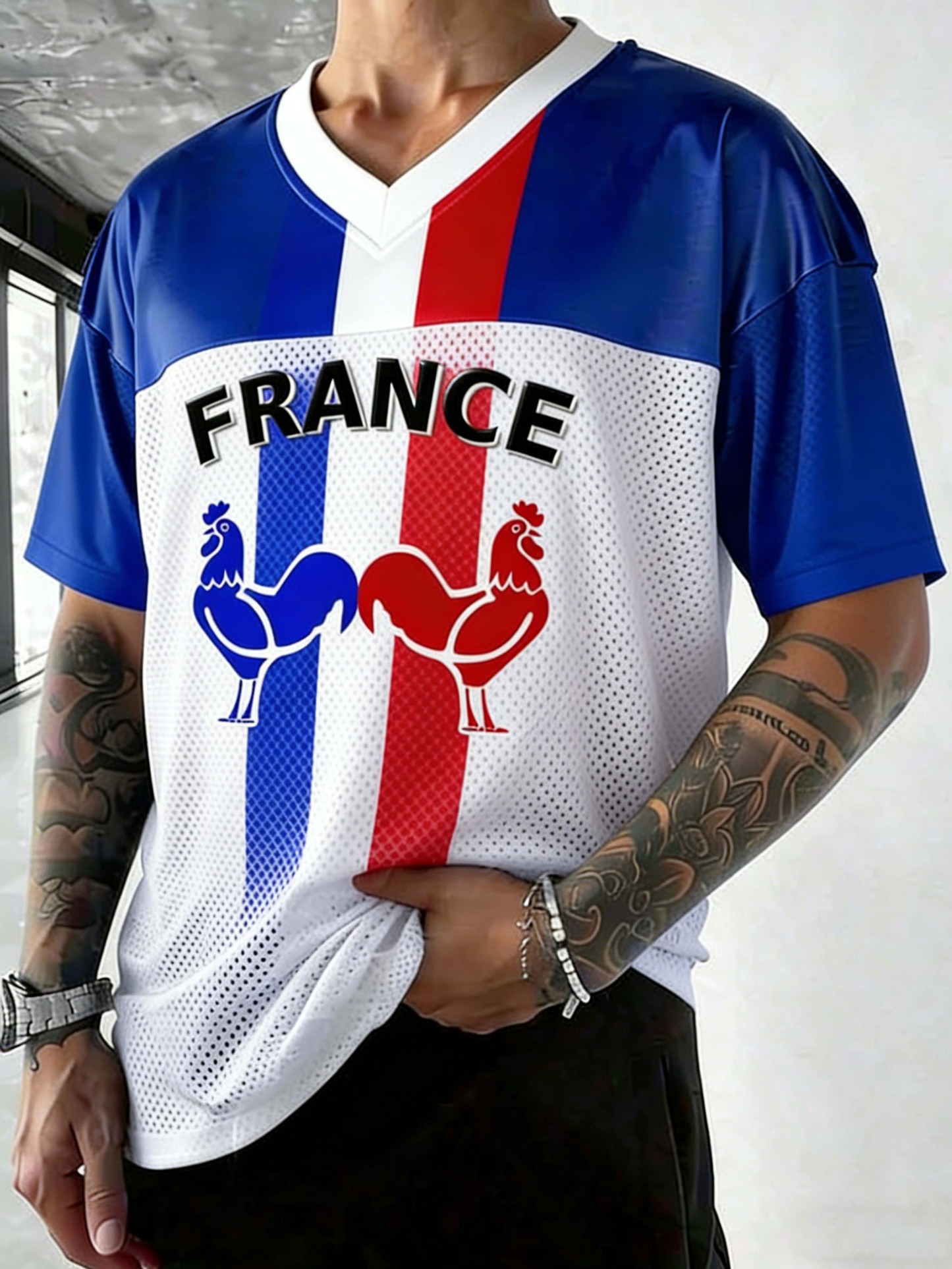 France Rooster & Flag Stripe Print Tee